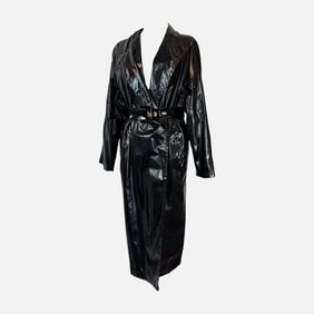 Vintage YSL Yves Saint Laurent Long Black Vinyl Belted Trench Coat