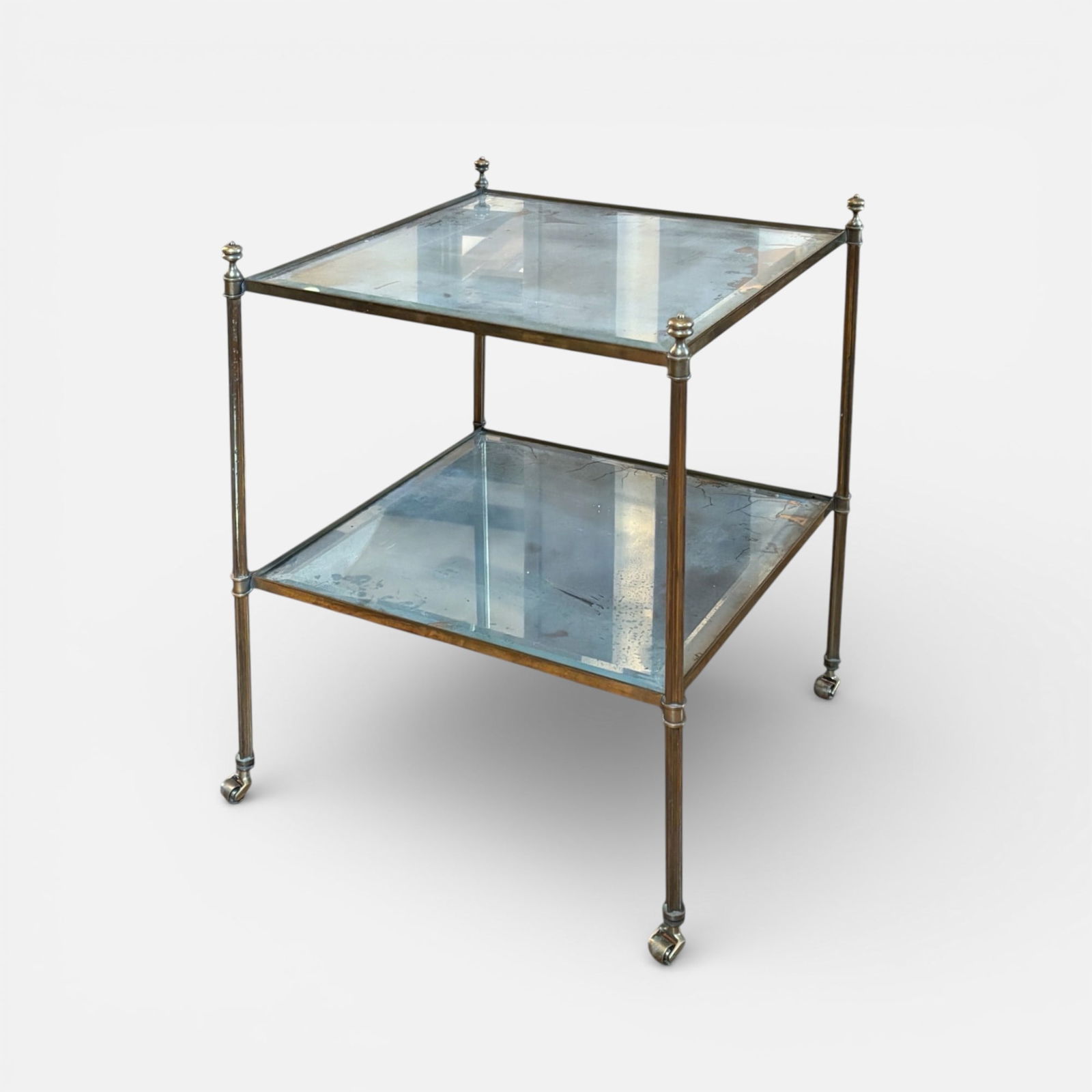 Hollywood Regency Brass and Glass Mirror Two-Tier Side Table Etagere on Casters (1 of 7)