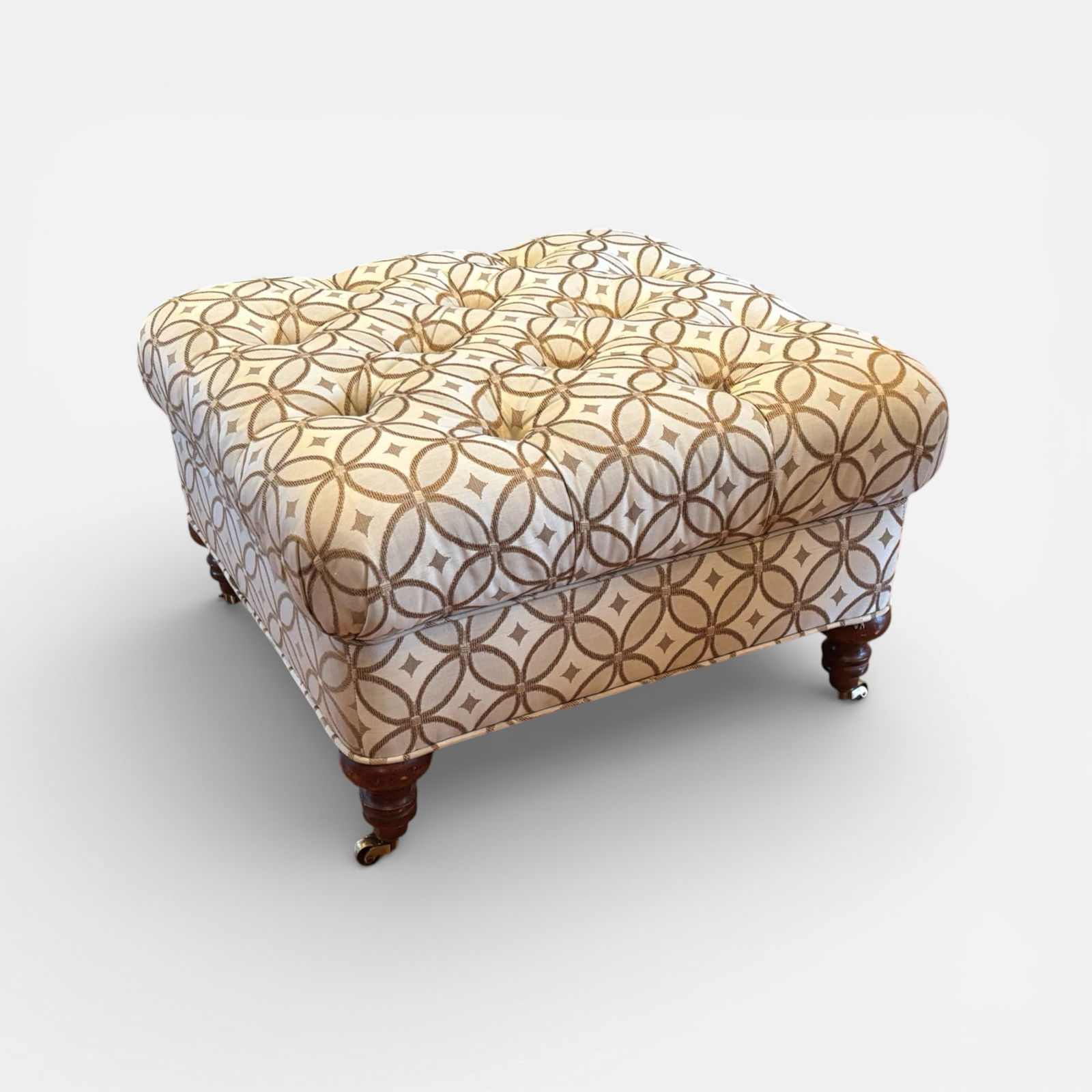 Tufted Square Ottoman Upholstered Footstool Seat w/Turned Wood Feet on Brass Casters (1 of 6)