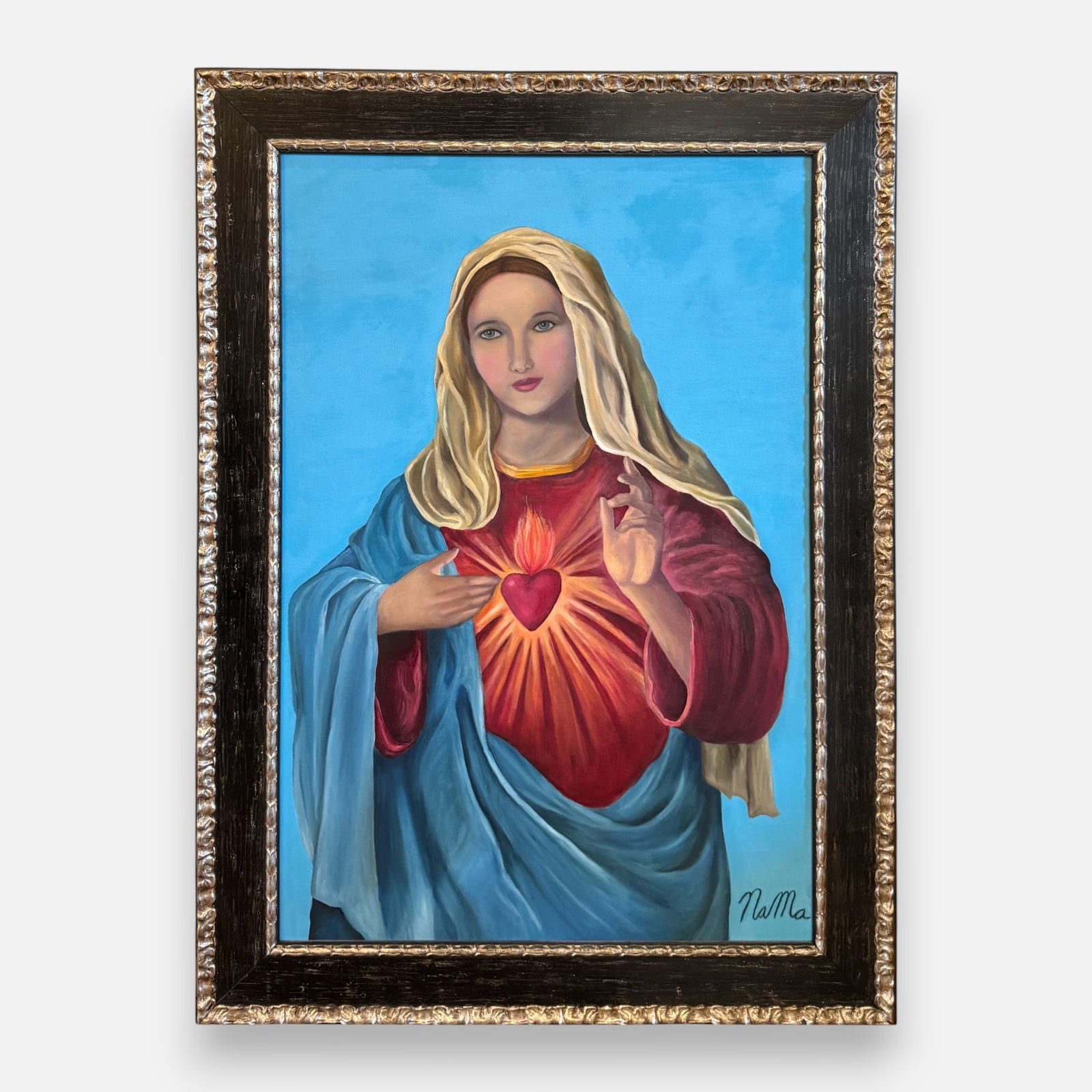 Artist Signed "Immaculate Heart of Mary" Acrylic on Canvas Framed Religious Folk Art Painting (1 of 4)