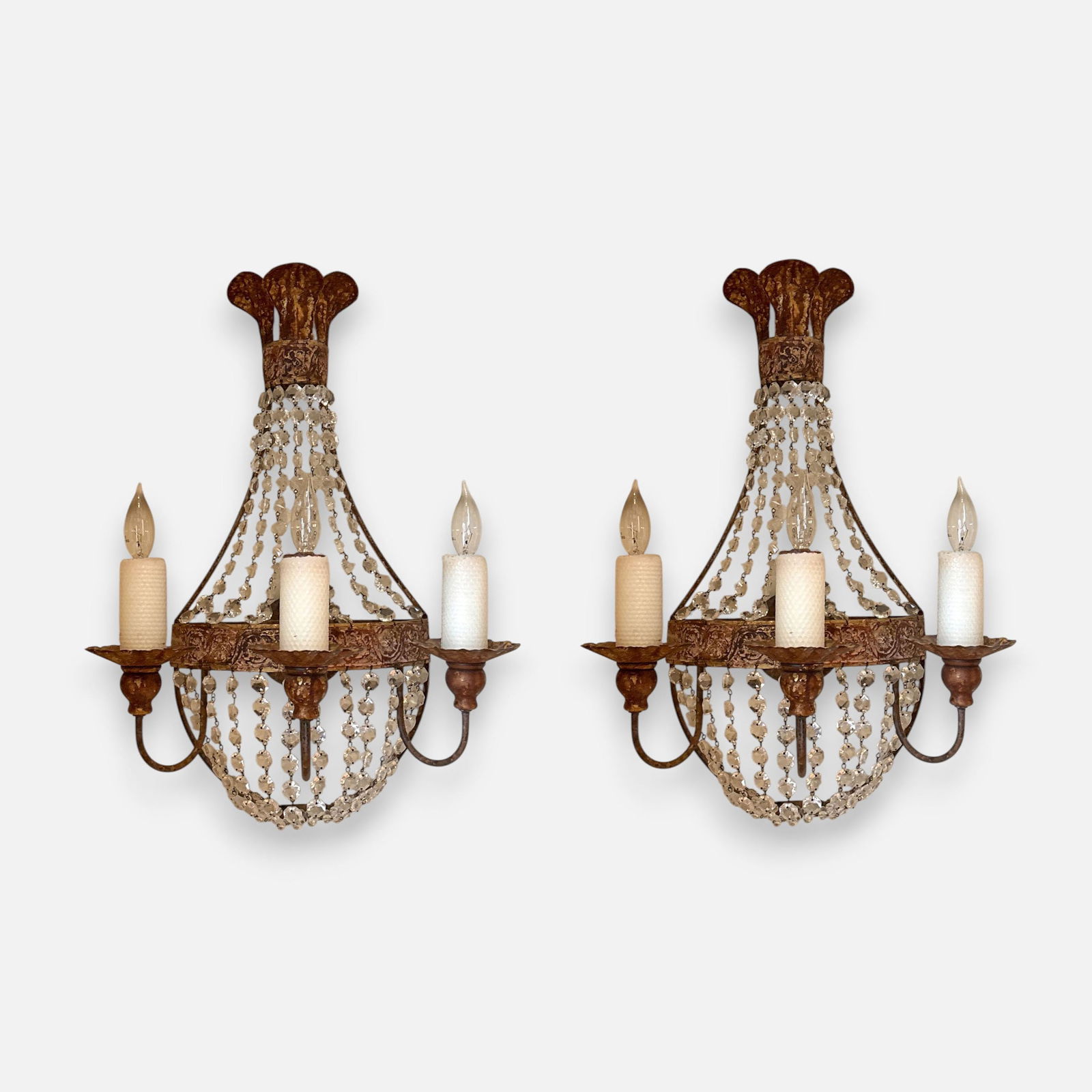 Pair Niermann Weeks Italian Neapolitan Style Iron and Crystal Three-Light Wall Sconces (1 of 5)