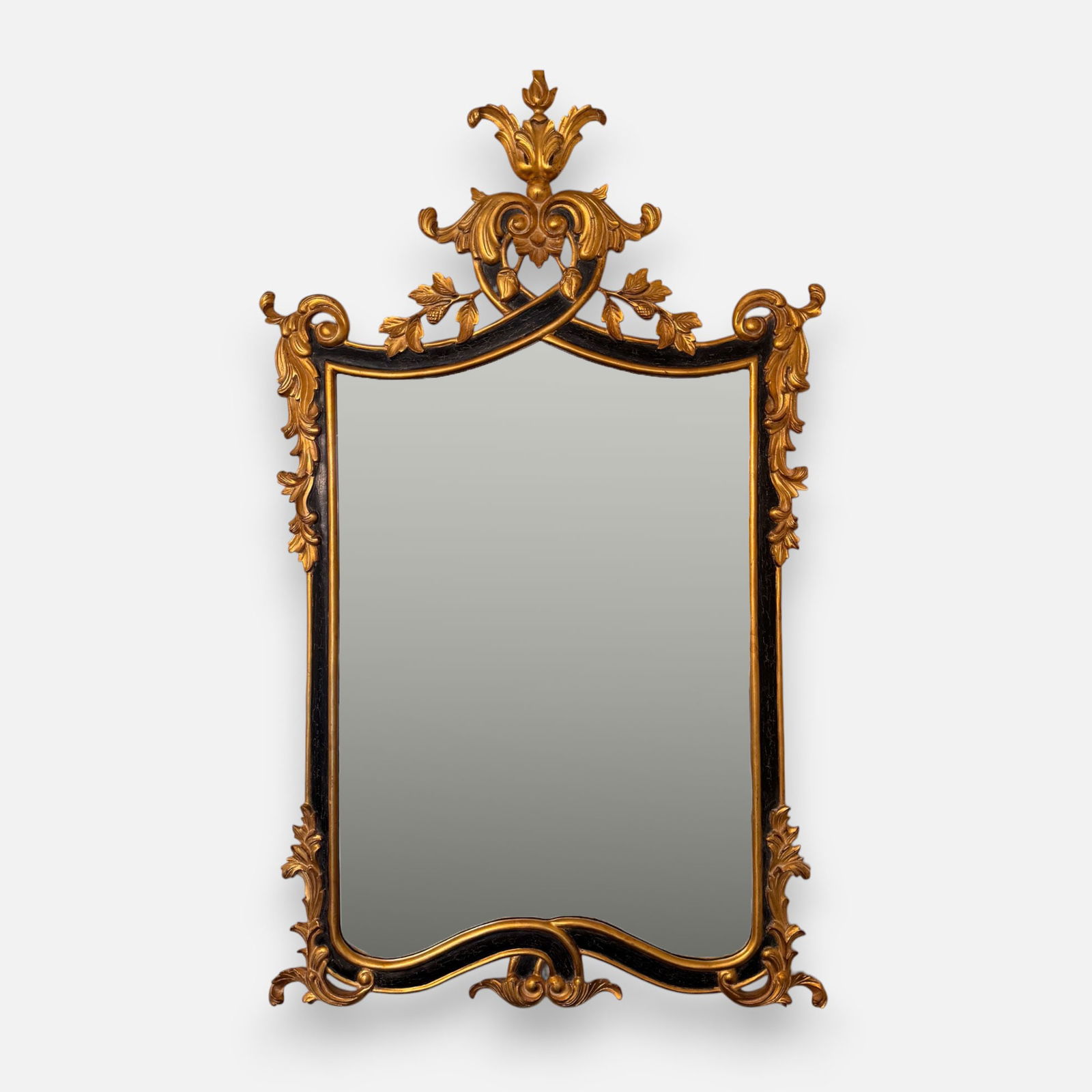 Contemporary Baroque Style Gilt and Black Painted Rococo Wood Wall Mirror: Apparent repair to crest.For shipping, we highly recommend Donald Camden at UPS Store 4608. Alternatively, reach out to one of our preferred shippers listed at the link below or elect for LiveShipping