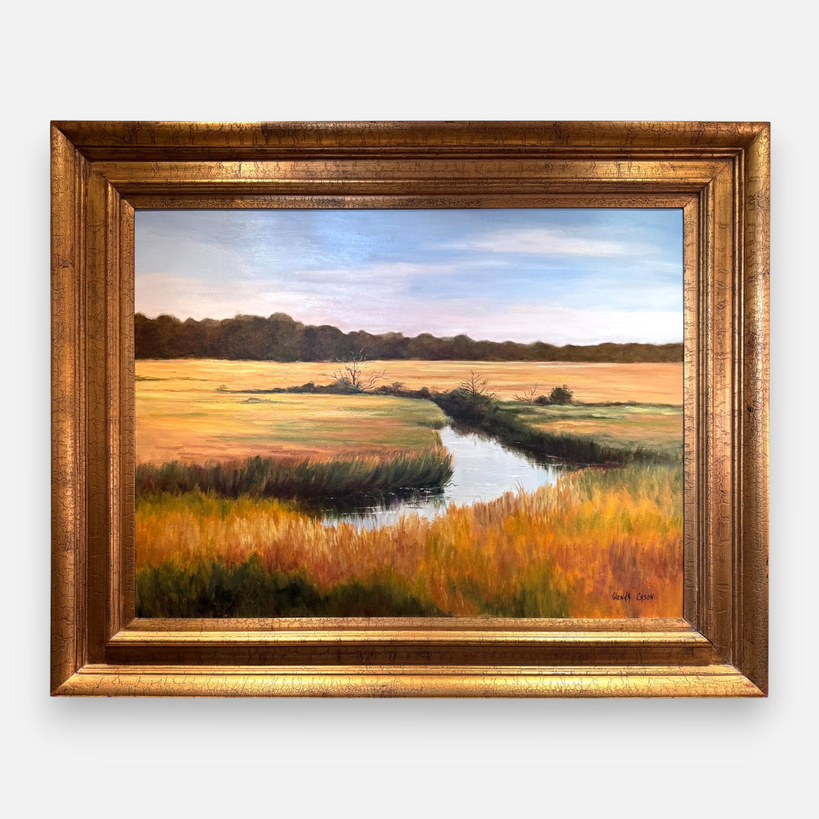 Glenda Cason Oil on Canvas Framed Painting Low Country Marsh: "Morning at Pastel Creek": Original oil on canvas painting titled "Morning at Pastel Creek" by contemporary artist Glenda Cason. Signed lower right. Titled to verso. Receipts not included. Approx. stretcher size 30" x 40".For s