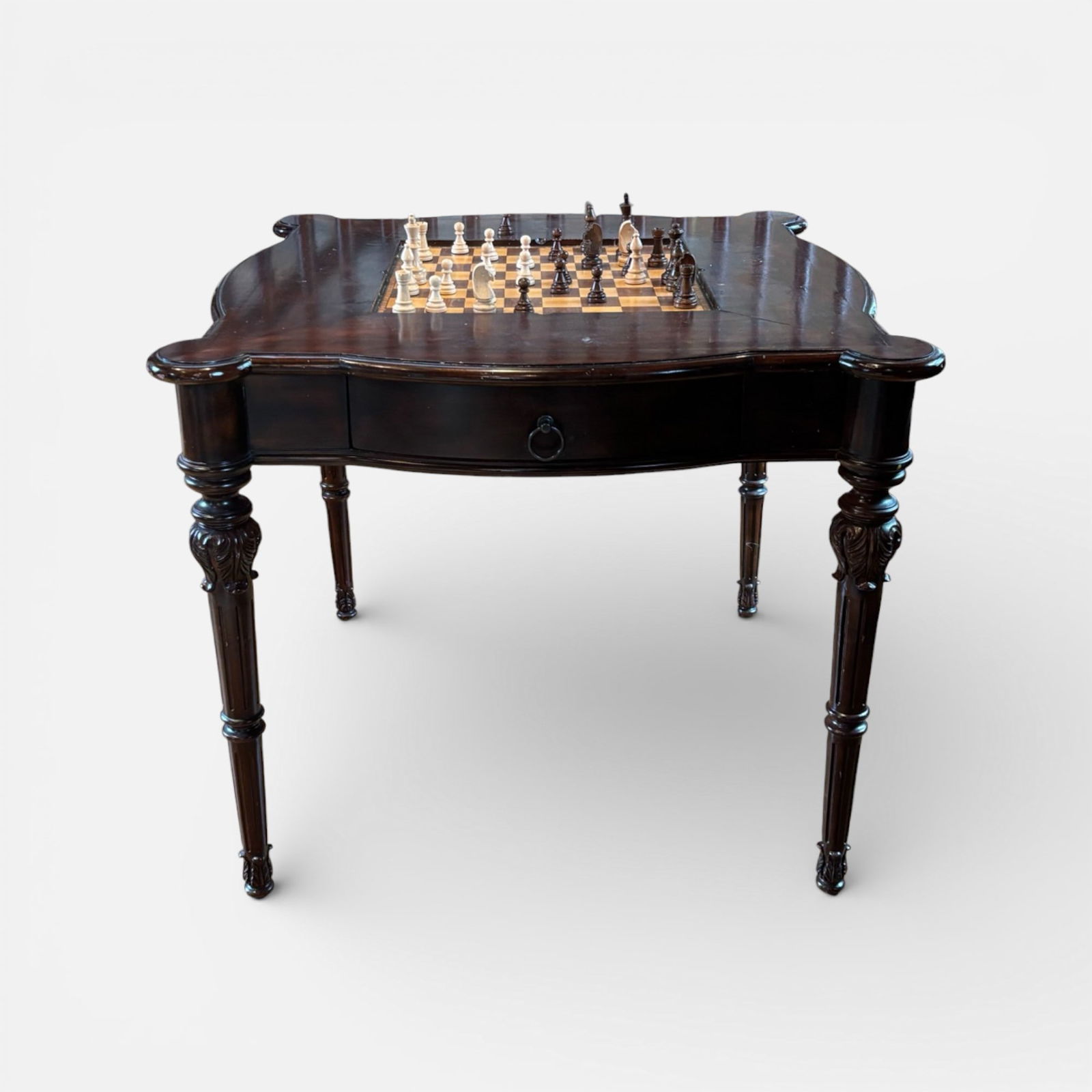 Freeman Carved Mahogany Gaming Table w/Chess Board & 16 Chessmen Complete (1 of 8)
