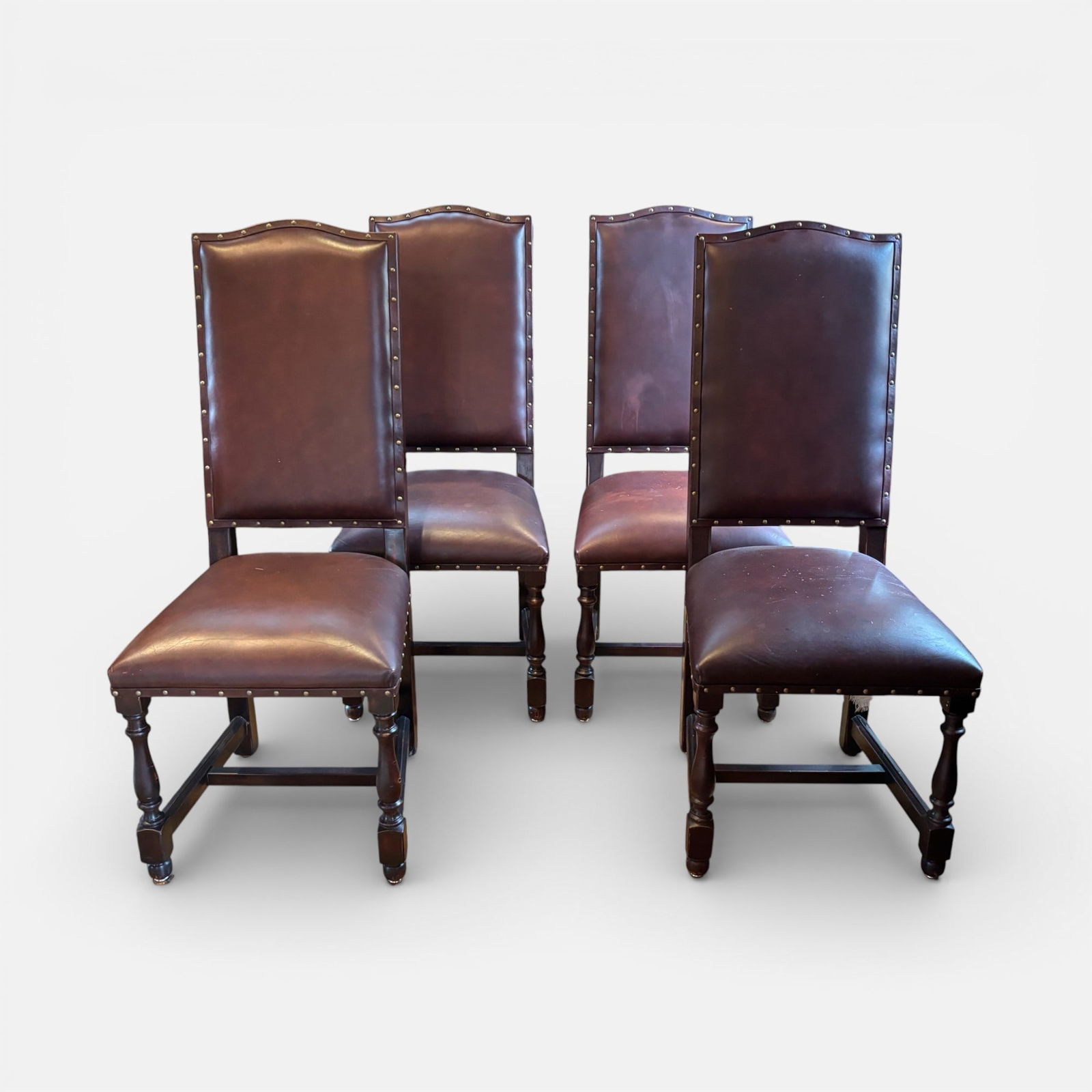 Set of Four Jacobean Style Carved Wood and Leather Dining Chairs w/Brass Tacks (1 of 8)
