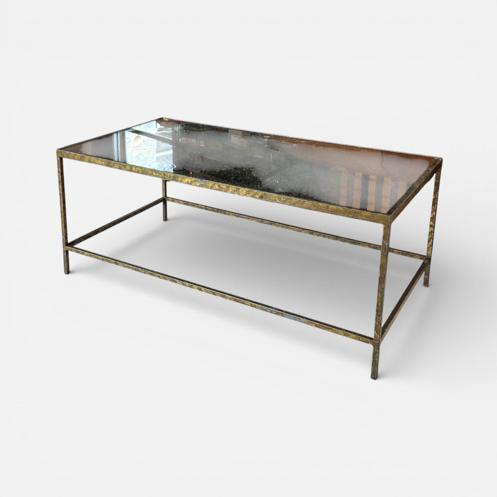 Harvey Probber Style Gilt Painted Iron & Glass Cocktail Rectangular Brutalist Coffee Table: Fair to good with shown gilt paint loss, discoloration to surface.For shipping, we highly recommend Donald Camden at UPS Store 4608. Alternatively, reach out to one of our preferred shippers listed at