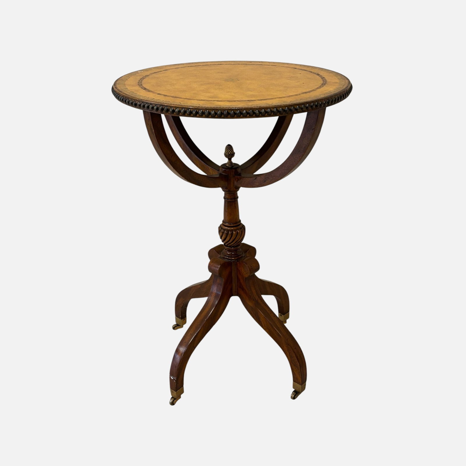 Maitland Smith Regency Round Side Table Gilt-Stamped Leather Top w/Brass Castors: Ca. second half 20thC. Very good lightly used condition.For shipping, we highly recommend Donald Camden at UPS Store 4608. Alternatively, reach out to one of our preferred shippers listed at the link