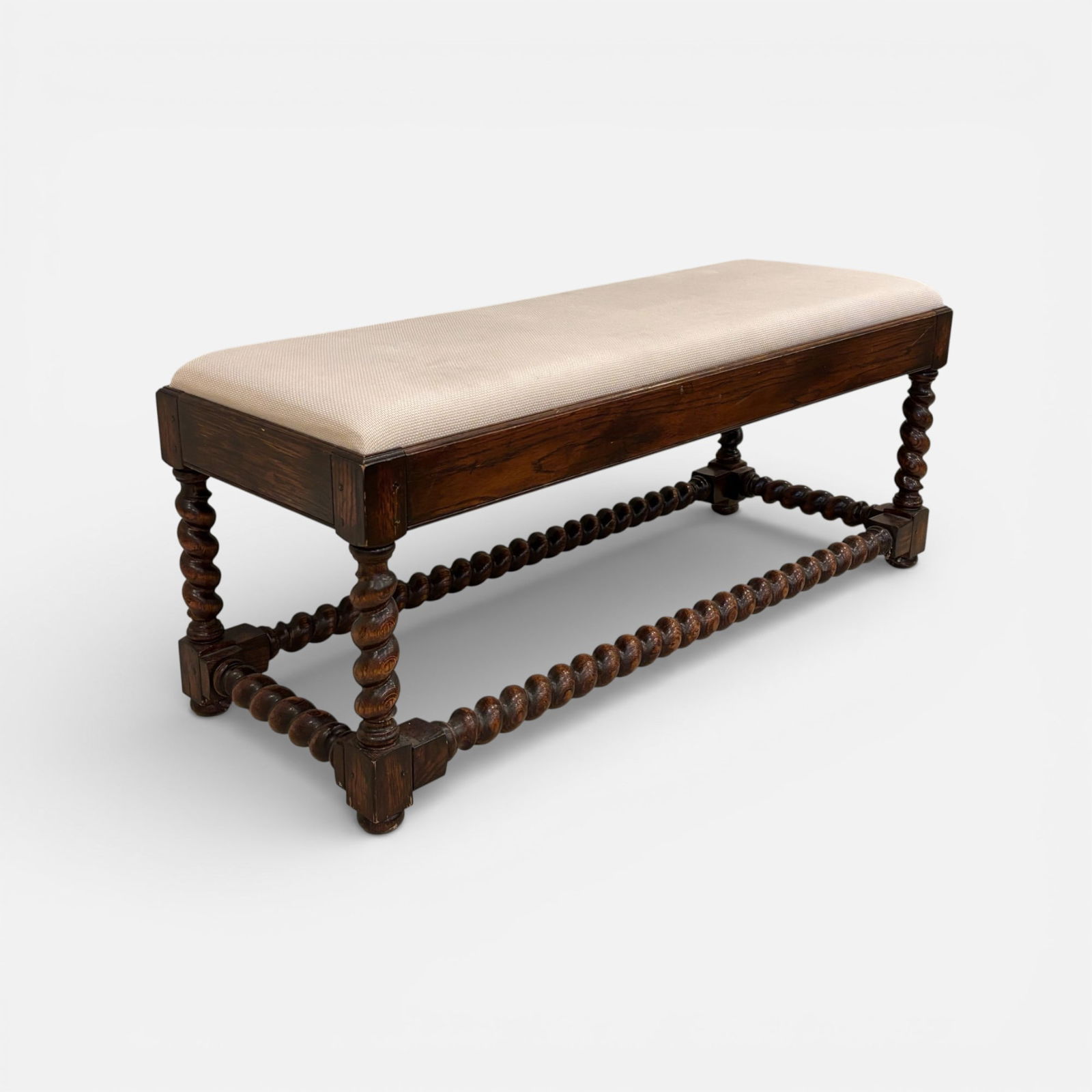 Carved Fumed Oak Barley Twist Wood Upholstered Bench (1 of 6)