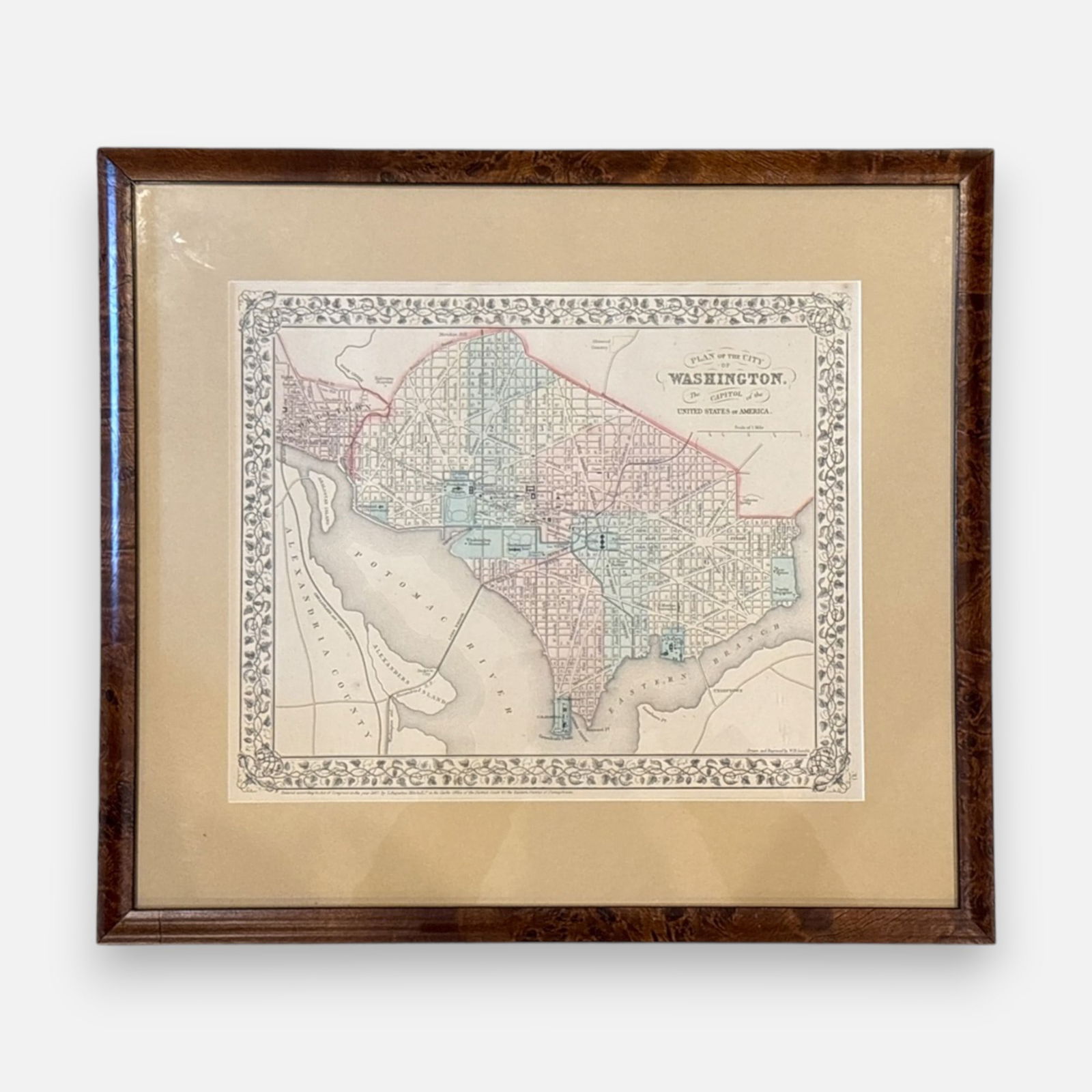 Samuel Augustus Mitchell Jr. 1867 Map of the City of Washington DC Framed Original: Samuel Augustus Mitchell Jr., hand-colored antique map, 1867. Framed, matted and sealed under glass. For shipping, we highly recommend Donald Camden at UPS Store 4608. Alternatively, reach out to one