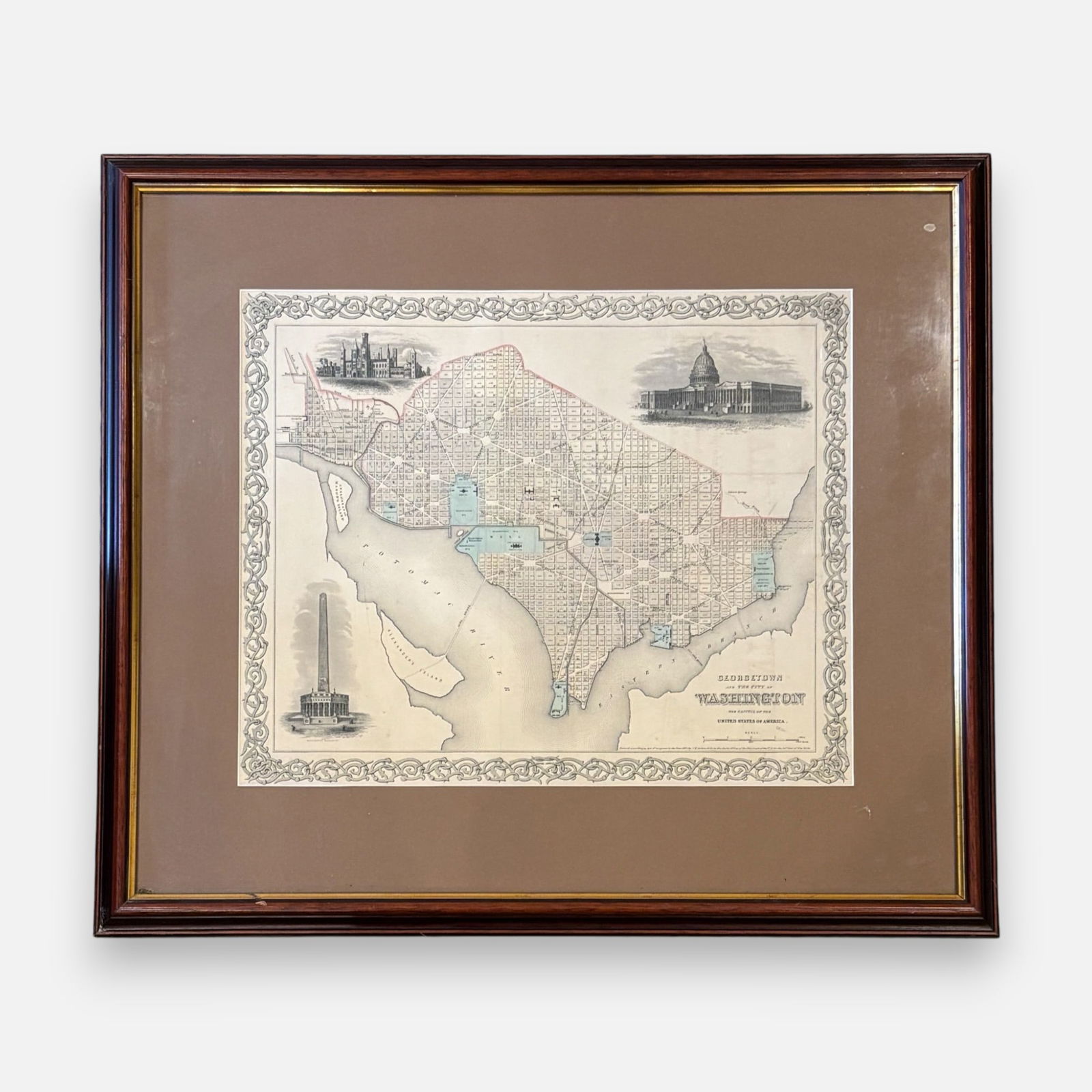 G.W. & C.B. Colton 1855 Map of Georgetown and the City of Washington DC, Framed: Mapmaking firm G.W. & C.B. Colton entered this map for copyright in 1855, prior to the annexation of Georgetown into Washington, DC in 1878. Hand-colored.For shipping, we highly recommend Donald Camde