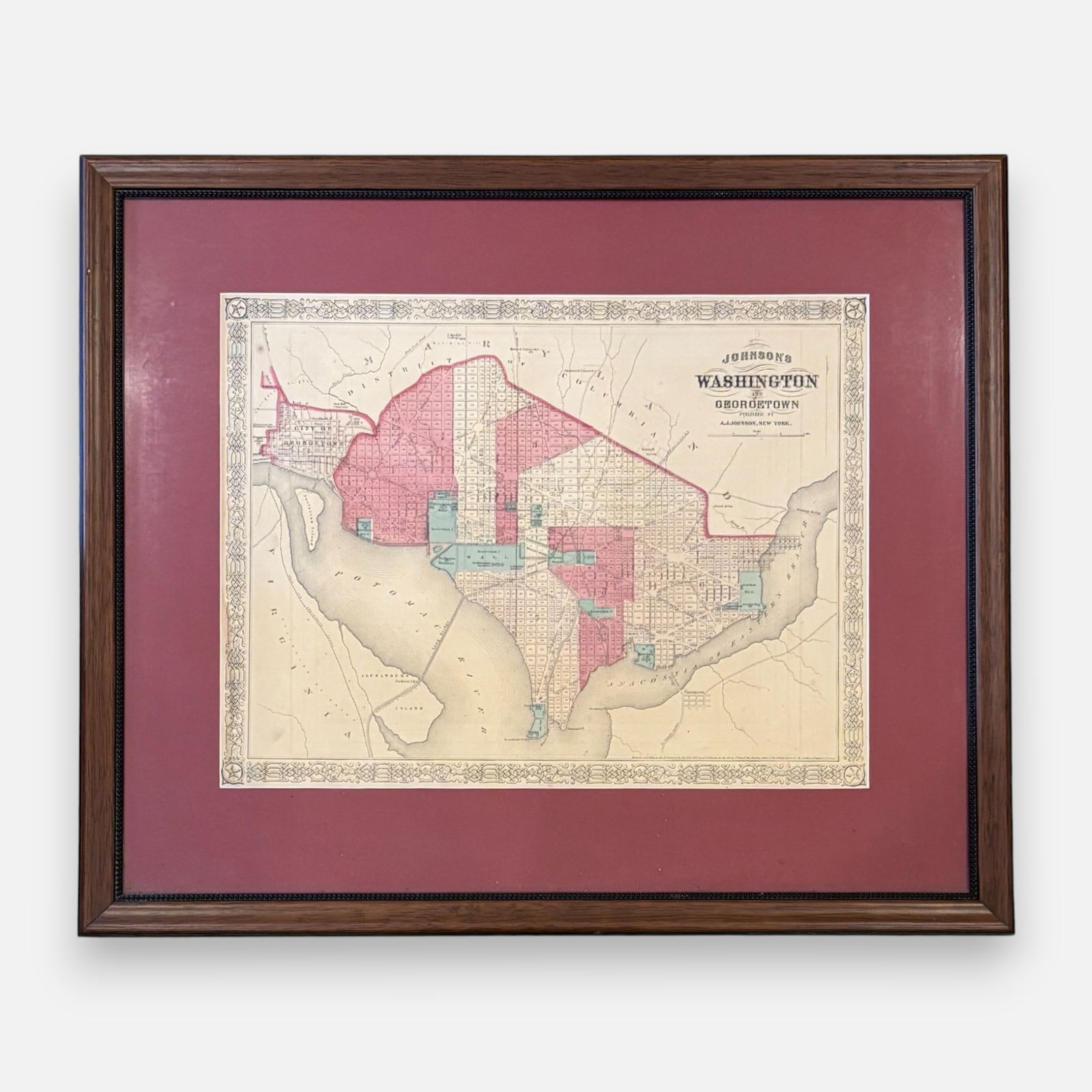 A.J. Johnson 1869 Map of Washington DC and Georgetown Framed under Glass (1 of 5)