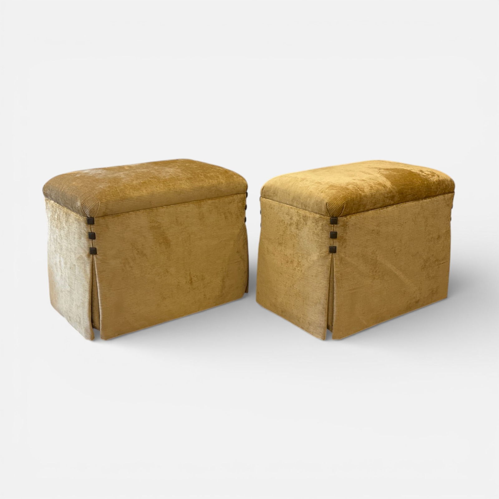 Pair Kravet Vigo Skirted Ottoman Velvet Upholstered w/Square Nailhead Tacks: Good with shown minor marks to upholstery.For shipping, we highly recommend Donald Camden at UPS Store 4608. Alternatively, reach out to one of our preferred shippers listed at the link below or elect