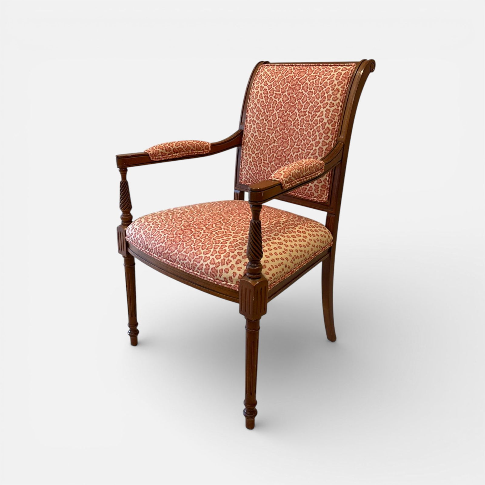 The Kellogg Collection Carved Mahogany Upholstered Arm Chair: Very good with minor scuffs and surface wear.For shipping, we highly recommend Donald Camden at UPS Store 4608. Alternatively, reach out to one of our preferred shippers listed at the link below or el