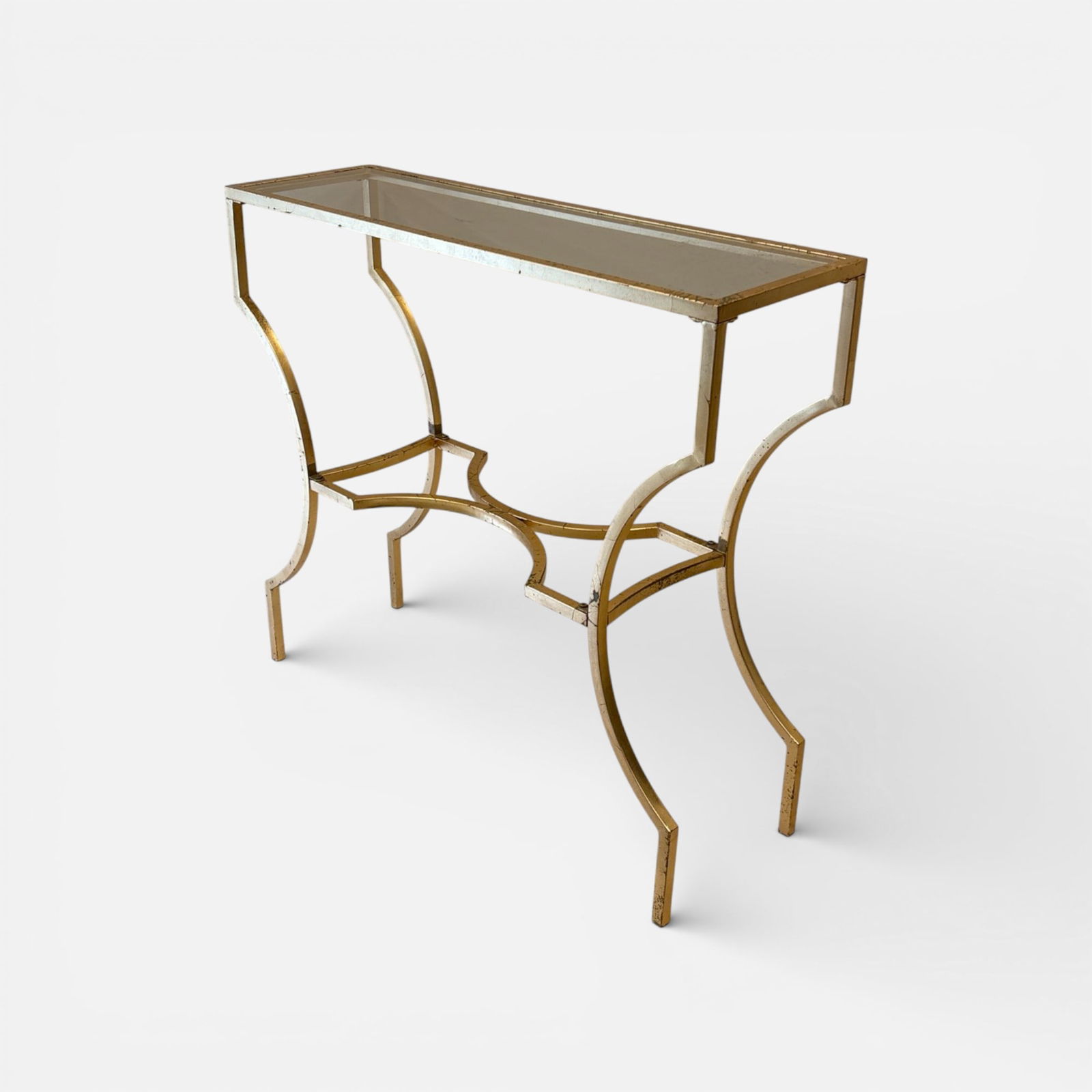 Safavieh "Alphonse" Gilt Painted Metal Glass Top Console Table: Apparently unsigned. Good with minor wear to paint. For shipping, we highly recommend Donald Camden at UPS Store 4608. Alternatively, reach out to one of our preferred shippers listed at the link belo