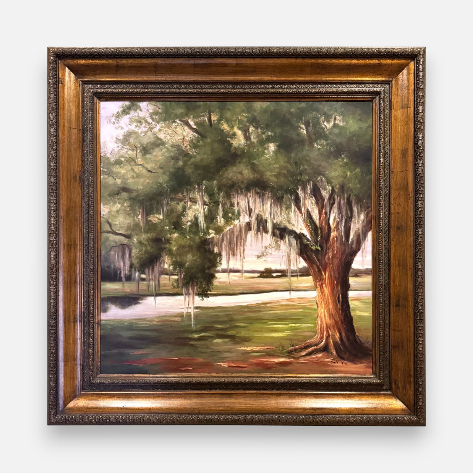 Glenda Cason "Spanish Moss" 2007 Oil on Canvas Framed Painting: Original oil on canvas painting titled "Spanish Moss" by contemporary American artist Glenda Cason. Signed lower right. Titled to verso. Receipts not included. Approx. stretcher size 36" x 36".For shi