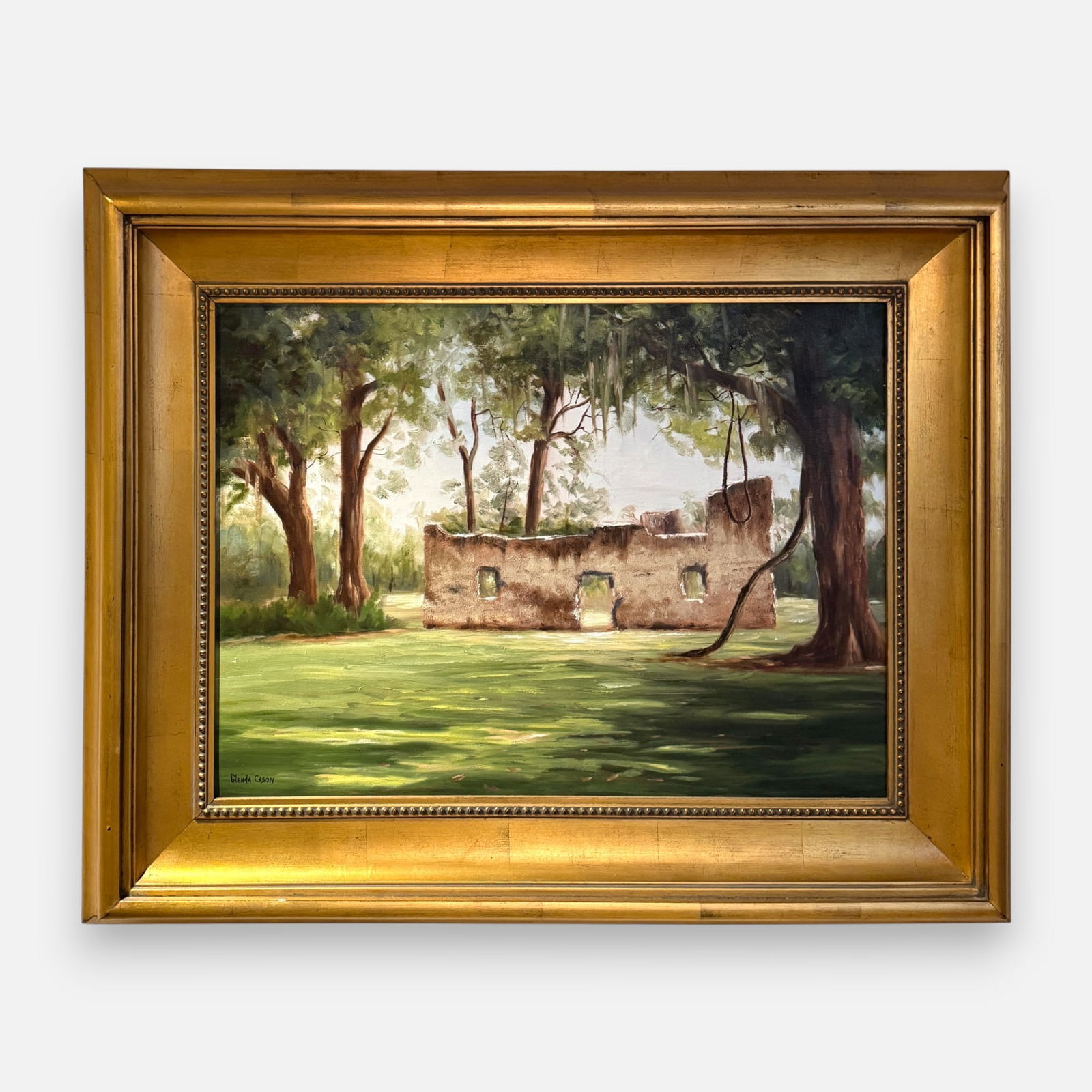 Glenda Cason "Slave Hospital Ruins" Oil on Canvas Framed Painting: Original oil on canvas painting titled "Slave Hospital Ruins" by contemporary American artist Glenda Cason. Signed lower left. Titled to verso. Receipts not included. Approx. stretcher size 18" x 24".