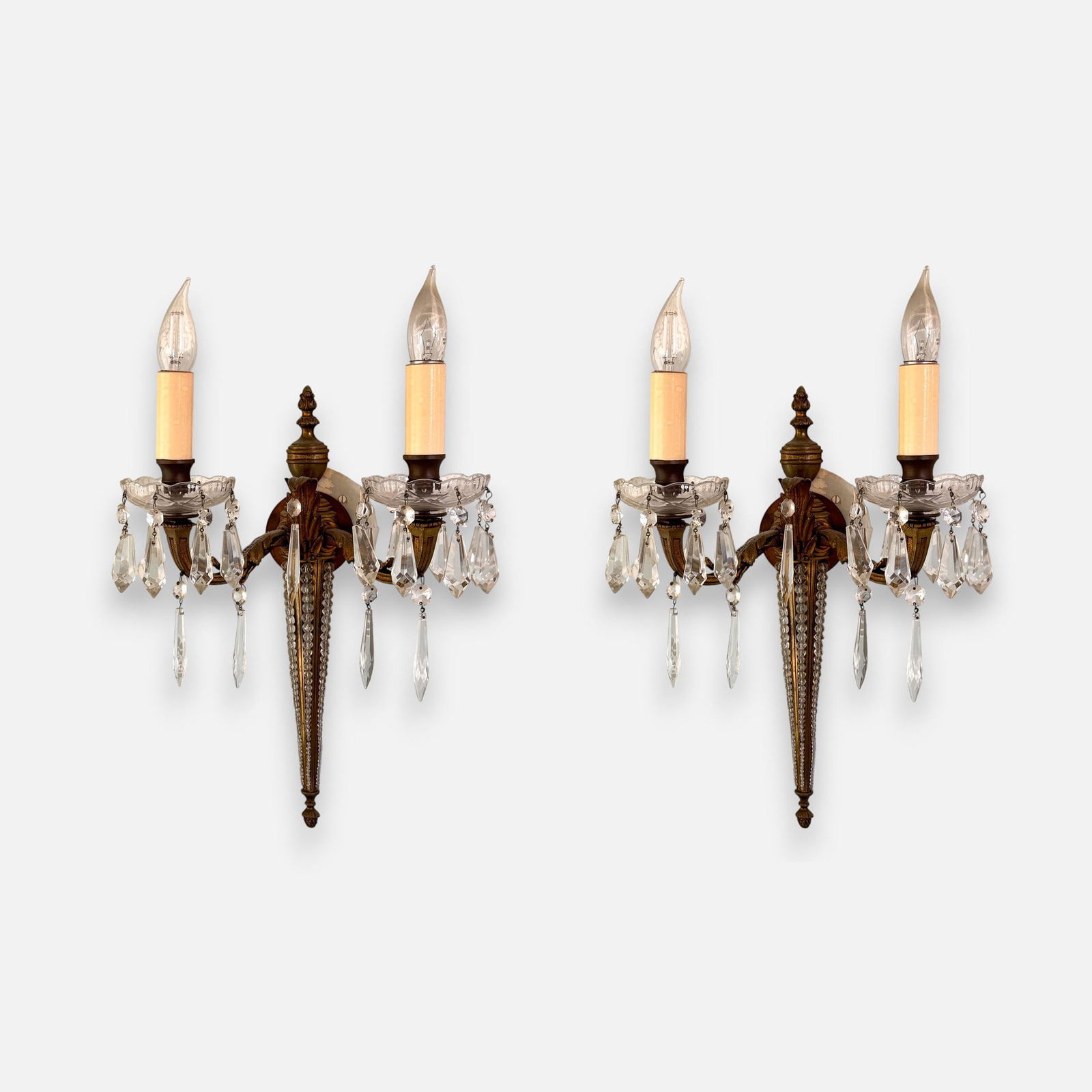 Pair Two-Light Bronze Crystal and Glass Wall Sconces Lighting Fixtures (1 of 5)