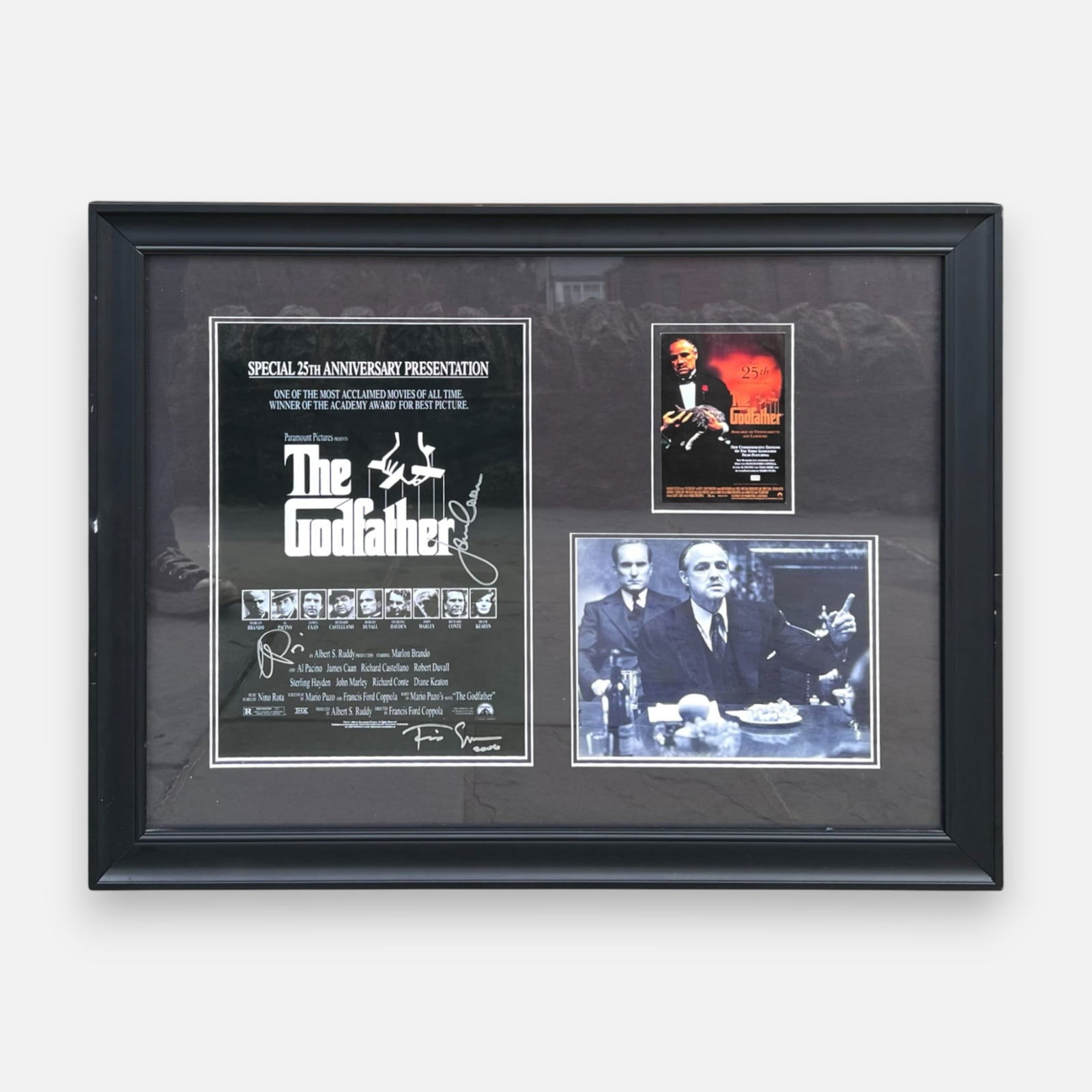 The Godfather 25th Anniversary Poster Autographed by Al Pacino, Francis Ford Coppola, & James Caan: Appears to be autographed by Al Pacino, Francis Ford Coppola, and James Caan and dated 2006. Approx. sight size 15" x 10".For shipping, we highly recommend Donald Camden at UPS Store 4608. Alternative