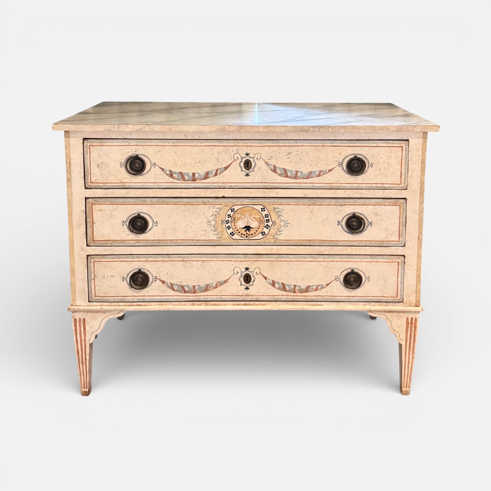 Neirmann Weeks "Swan Commode" 3-Drawer Chest of Drawers: With brass drawer pulls, faux marble painted top. Good as shown.For shipping, we highly recommend Donald Camden at UPS Store 4608. Alternatively, reach out to one of our preferred shippers listed at