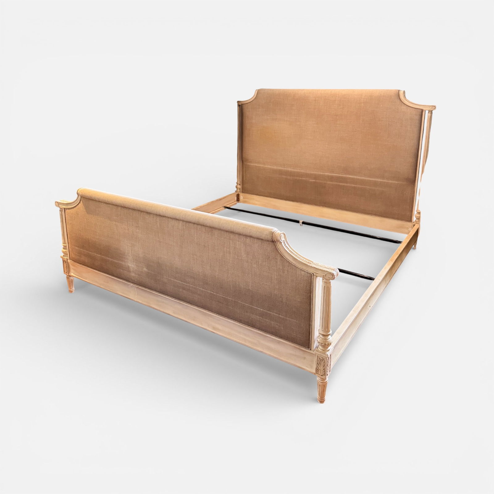 Edwin Ferrell & Lewis Mittman St. George King Bed White Wood and Linen: Good, with minor discoloration to upholstery. See photos. Receipts not included.For shipping, we highly recommend Donald Camden at UPS Store 4608. Alternatively, reach out to one of our preferred