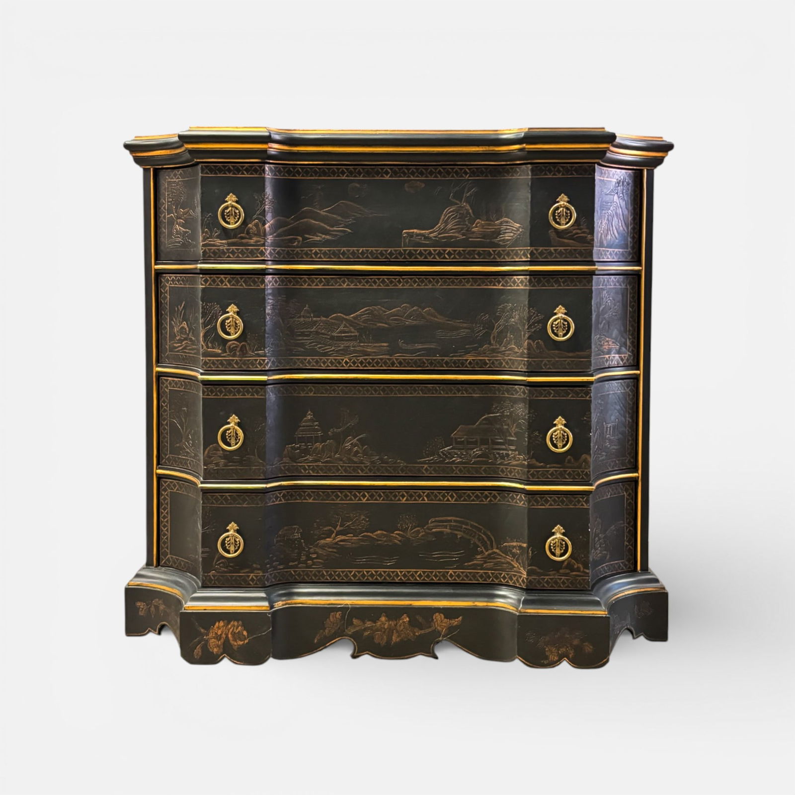 John Widdicomb Mario Buatta Collection Chinoiserie Style Four-Drawer Chest of Drawers: Very good condition, with intentional craquelure.For shipping, we highly recommend Donald Camden at UPS Store 4608. Alternatively, reach out to one of our preferred shippers listed at the link below