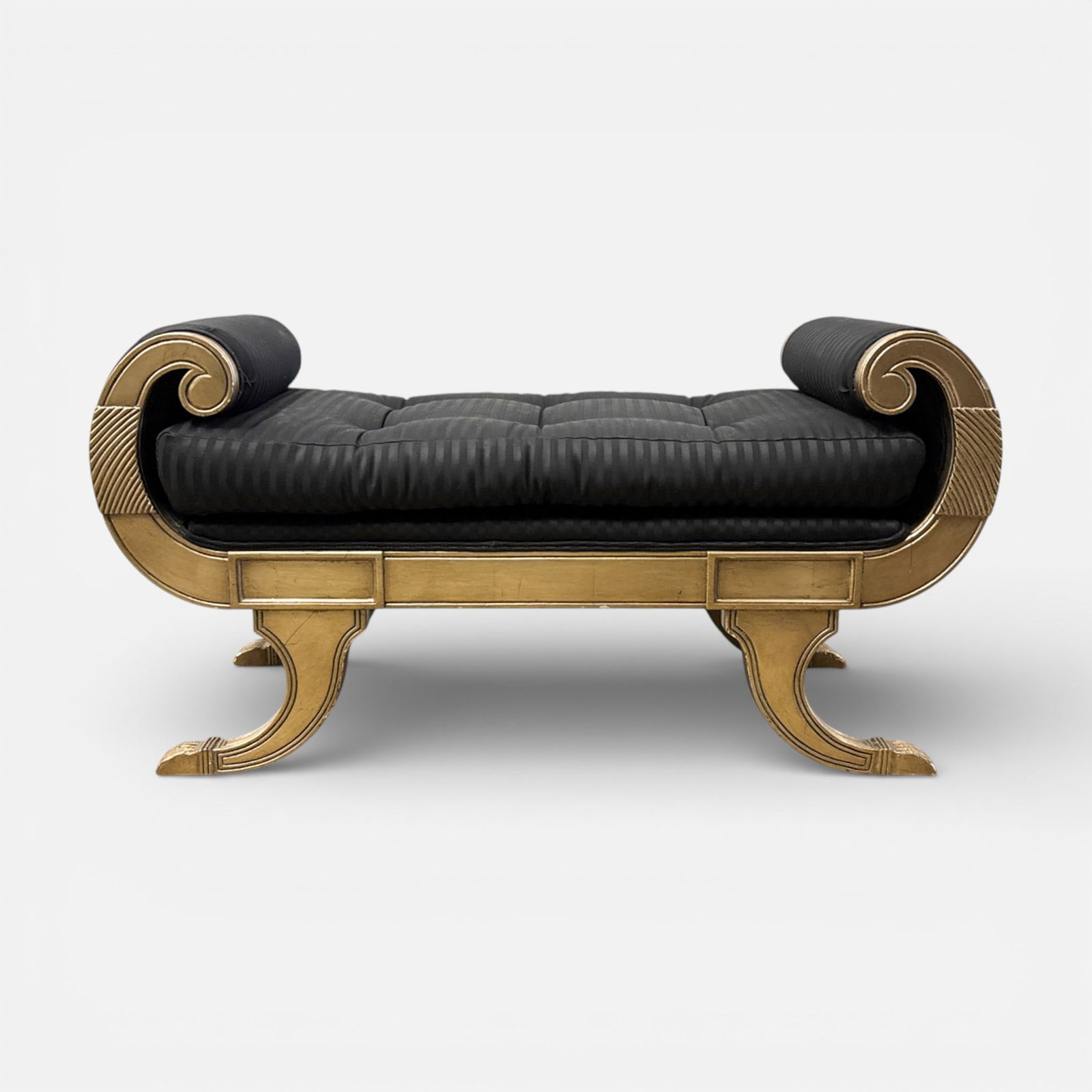 Beacon Hill Neoclassical Bench Carved and Painted Wood w/Black-on- Black Striped Tufted Upholstery: Good overall condition, with minor surface scuffs.For shipping, we highly recommend Donald Camden at UPS Store 4608. Alternatively, reach out to one of our preferred shippers listed at the link below