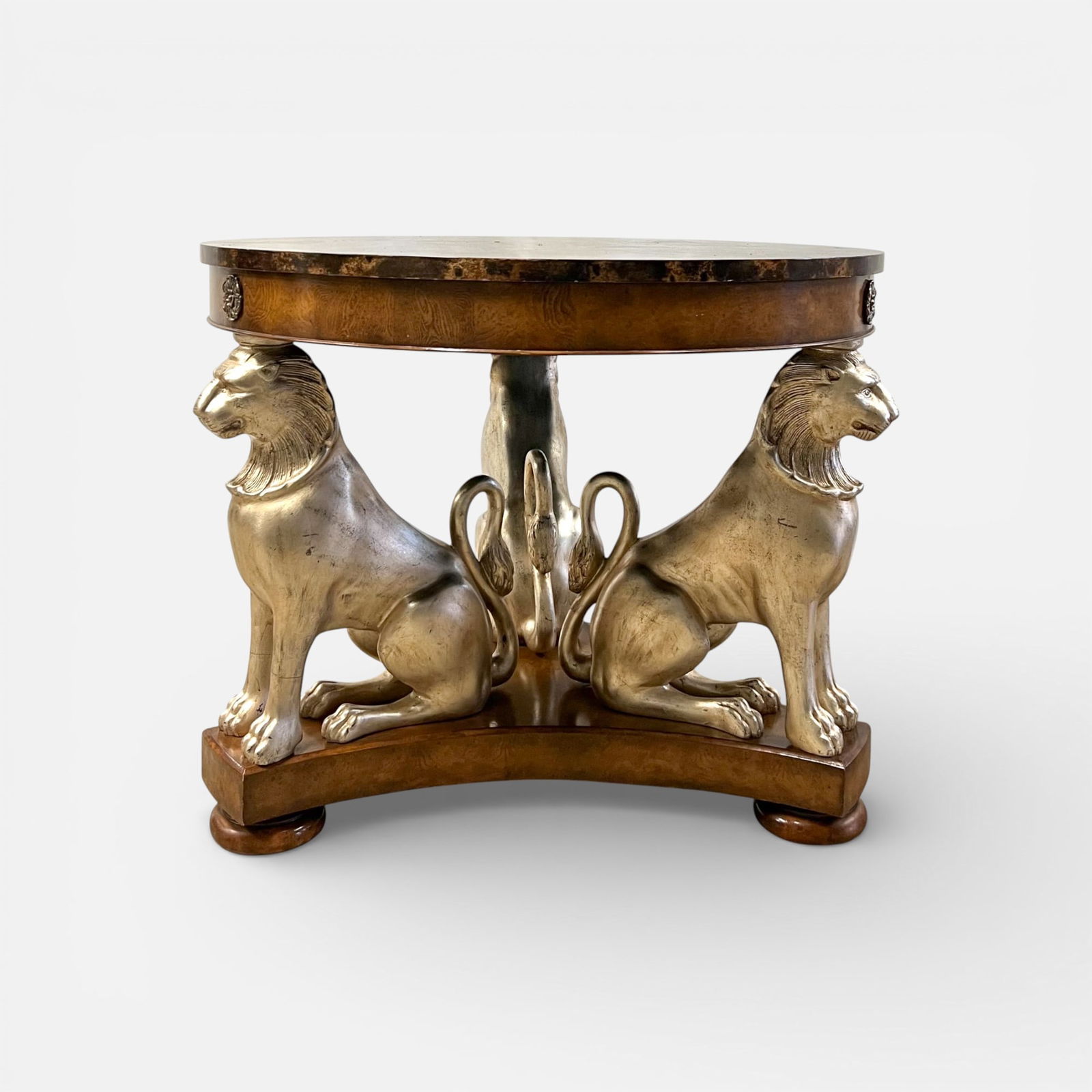 Maitland-Smith Neoclassical Figural Lion Pedestal Center Table w/Faux Burled Wood Top, Bun Feet: Good, with minor scuffs to surface.For shipping, we highly recommend Donald Camden at UPS Store 4608. Alternatively, reach out to one of our preferred shippers listed at the link below or elect for
