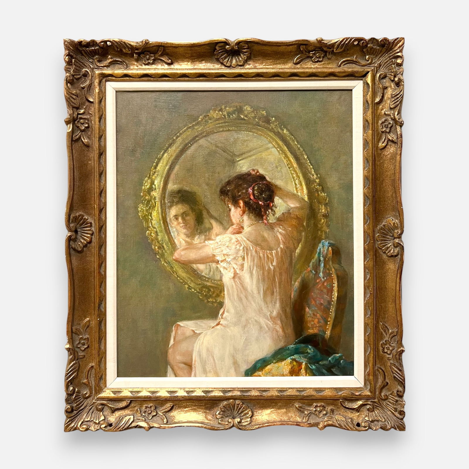 Nikola Kozlenko (After) "At the Mirror" Oil on Canvas Painting w/Hand Carved Frame: Copy of Original Painting by Kozlenko (Russian, 1952-2017), Stretcher size approx. 24" x 20"For shipping, we highly recommend Donald Camden at UPS Store 4608. Alternatively, reach out to one of our