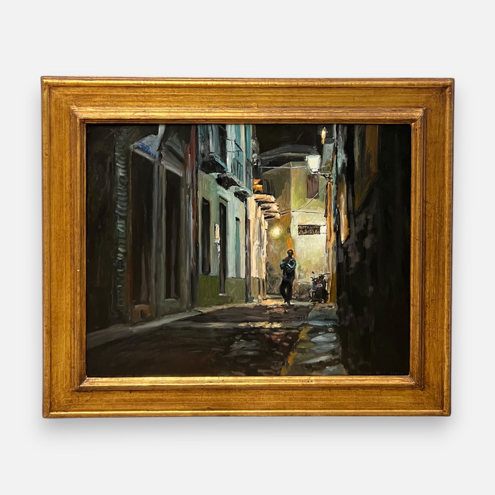Dean M. Larson "Street in Grenada, Night (Spain)" 1996 Oil on Canvas Painting Framed: Signed lower right. Stretcher size approx. 22" x 28".For shipping, we highly recommend Donald Camden at UPS Store 4608. Alternatively, reach out to one of our preferred shippers listed at the link