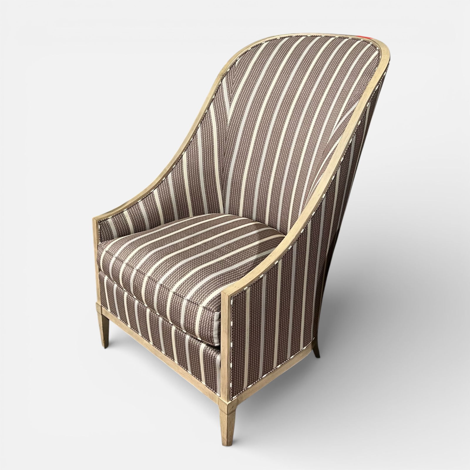 John Widdicomb Modern Art Deco Carved Wood Slipper Chair: Very good condition.For shipping, we highly recommend Donald Camden at UPS Store 4608. Alternatively, reach out to one of our preferred shippers listed at the link below or elect for LiveShipping in