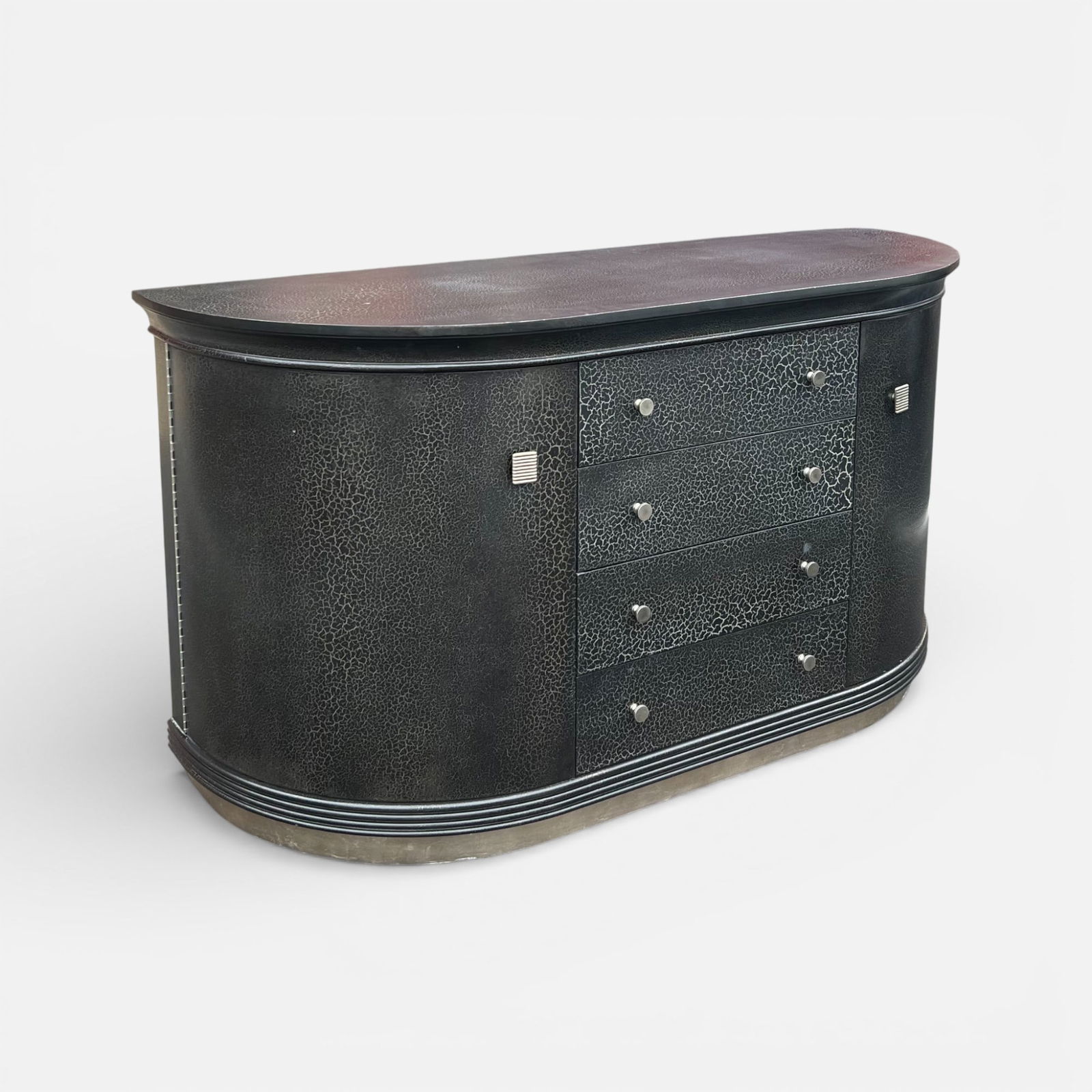 Contemporary Black Craquelure Painted Four-Drawer Two-Door Cabinet: Good, with minor dings consistent with household use.For shipping, we highly recommend Donald Camden at UPS Store 4608. Alternatively, reach out to one of our preferred shippers listed at the link