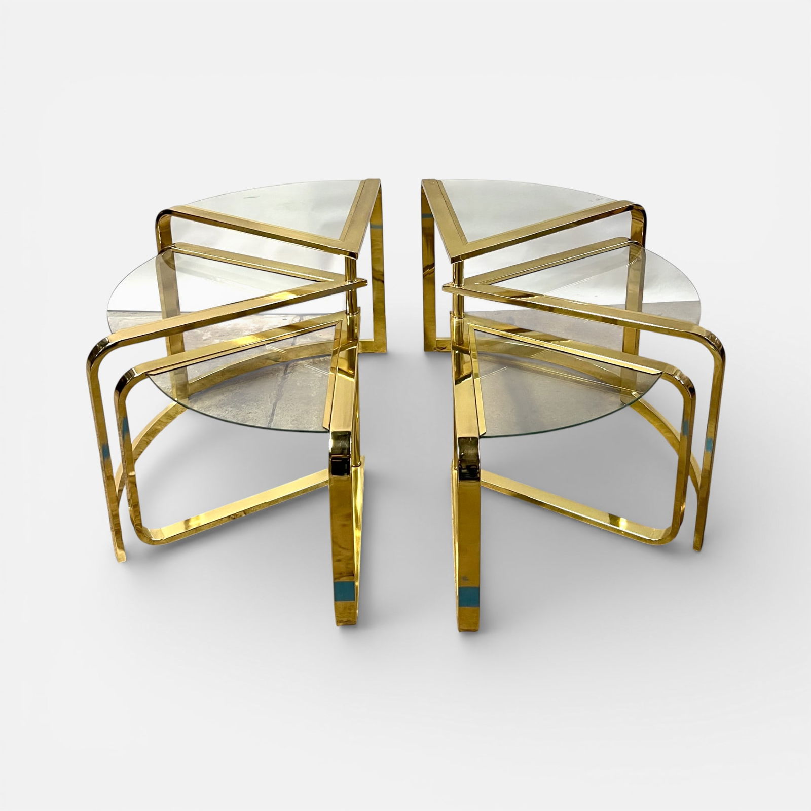 Pair Design Institute of America Brass & Glass 3-Tier Fan Nesting Tables MCM Mid Century Modern: Good condition, no chips or bites to glass, with small scratches in metal. Dimensions when closed.For shipping, we highly recommend Donald Camden at UPS Store 4608. Alternatively, reach out to one of