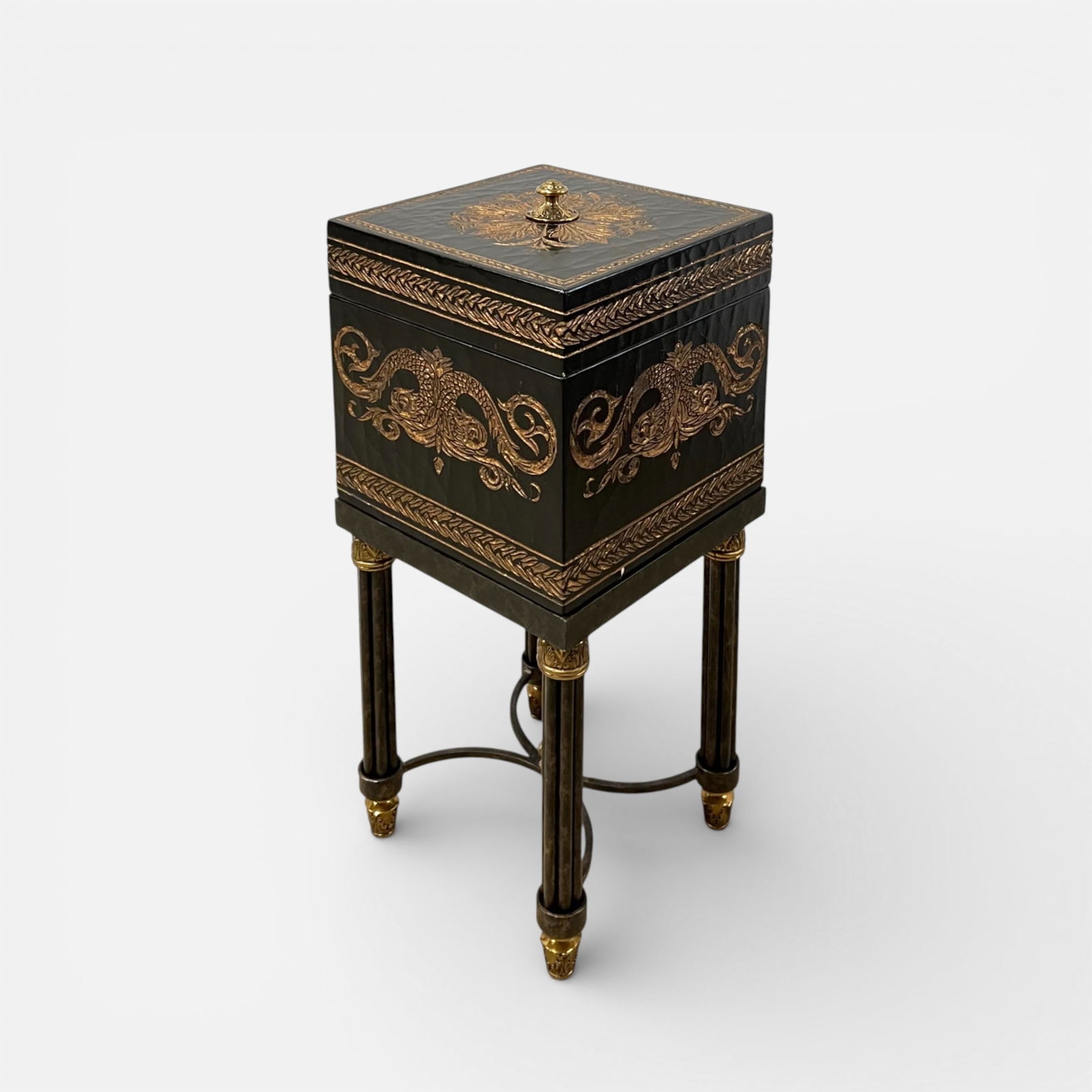 Maitland Smith Black Chinoiserie Small Chest on Legs w/Gilt Design: Very good condition.For shipping, we highly recommend Donald Camden at UPS Store 4608. Alternatively, reach out to one of our preferred shippers listed at the link below or elect for LiveShipping in