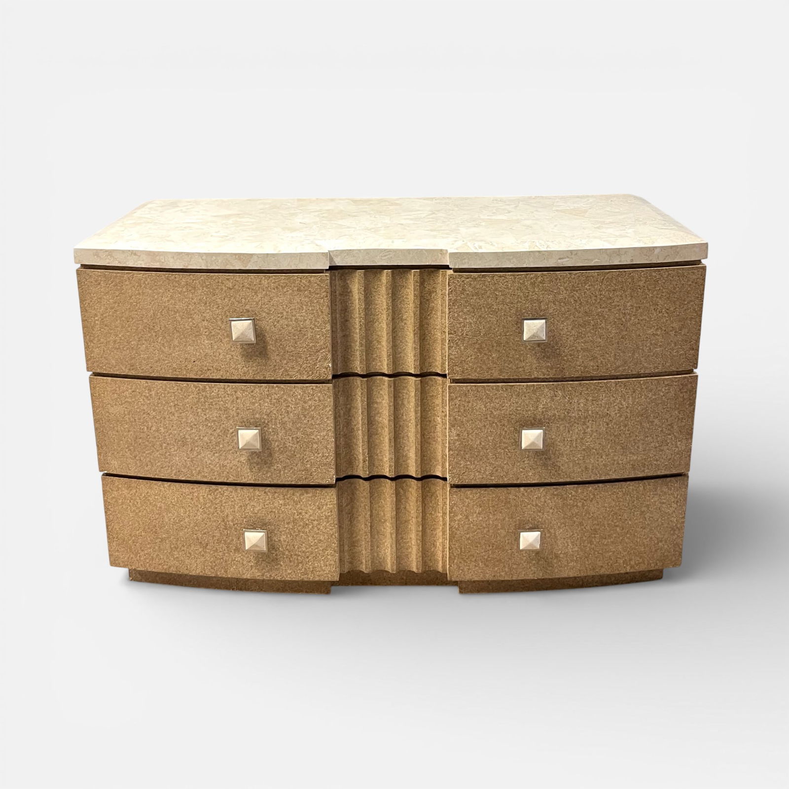 Art Deco Style 3-Drawer Painted Chest of Drawers w/Geometric Travertine Inlaid Top and Square Knobs: Very good condition.For shipping, we highly recommend Donald Camden at UPS Store 4608. Alternatively, reach out to one of our preferred shippers listed at the link below or elect for LiveShipping in