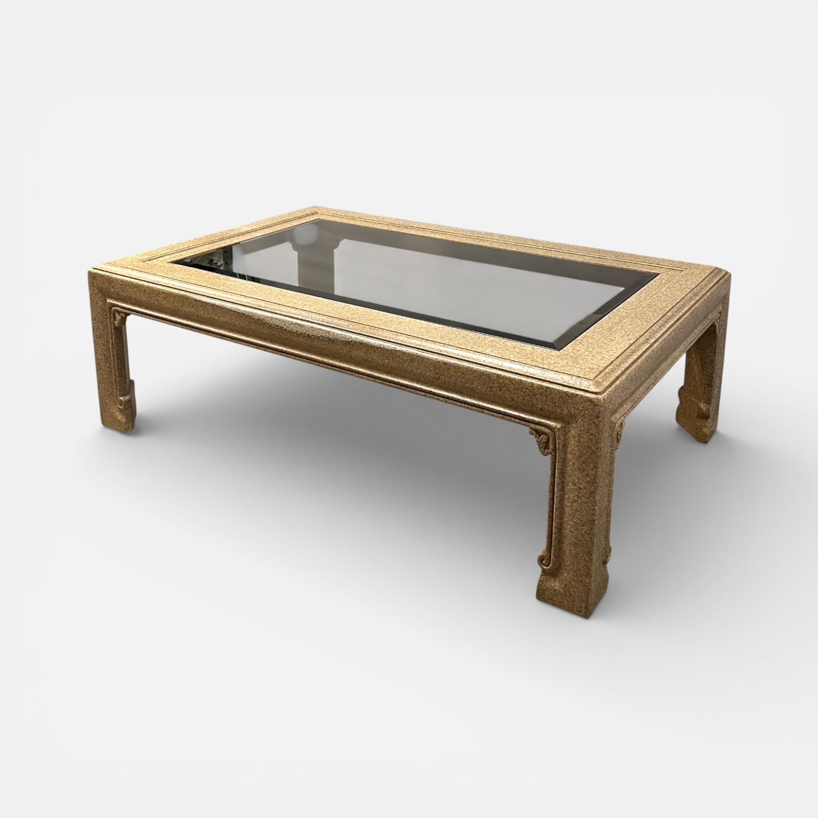 Marge Carson Asian Coffee Table w/Crackled Paint and Beveled Smoke Glass Top: Very good condition, minor surface scuffs. See lots 144 and 145.For shipping, we highly recommend Donald Camden at UPS Store 4608. Alternatively, reach out to one of our preferred shippers listed at