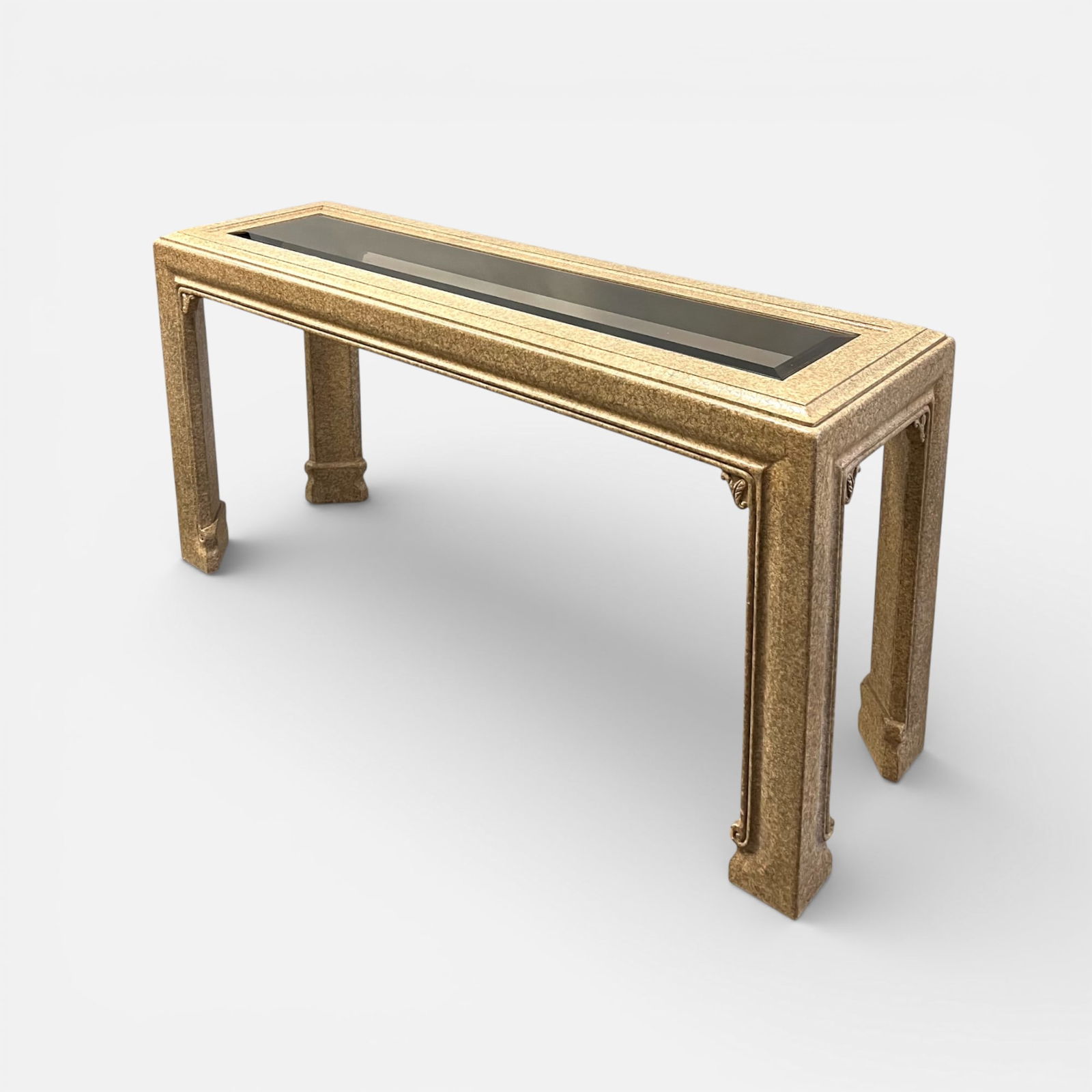 Marge Carson Asian Console w/Crackled Paint and Beveled Smoke Glass Top: Very good condition, minor surface scuffs. See lots 143 and 144.For shipping, we highly recommend Donald Camden at UPS Store 4608. Alternatively, reach out to one of our preferred shippers listed at t