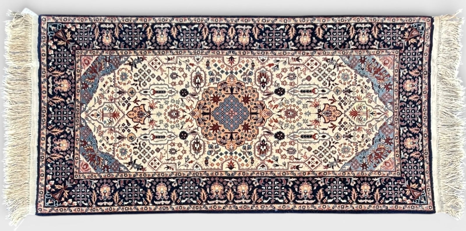 4'11" x 2'5" Vintage Hand-Knotted Persian Blue and Cream Wool Rug: For shipping, we highly recommend Donald Camden at UPS Store 4608. Alternatively, reach out to one of our preferred shippers listed at the link below or elect for LiveShipping in the checkout screen.