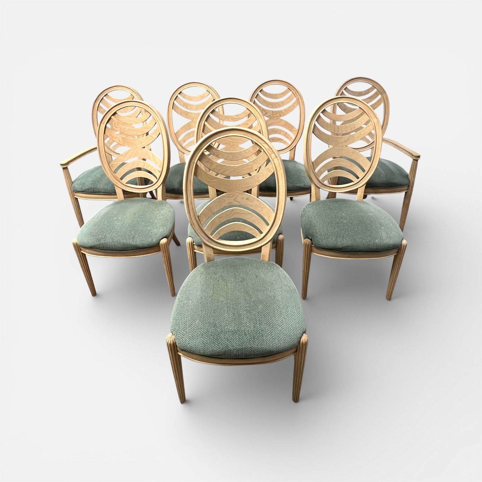 Henredon Art Deco Transitional Pickled Oak Omni Collection Upholstered Dining Chairs: Two arm chairs, six side chairsFor shipping, we highly recommend Donald Camden at UPS Store 4608. Alternatively, reach out to one of our preferred shippers listed at the link below or elect for LiveSh