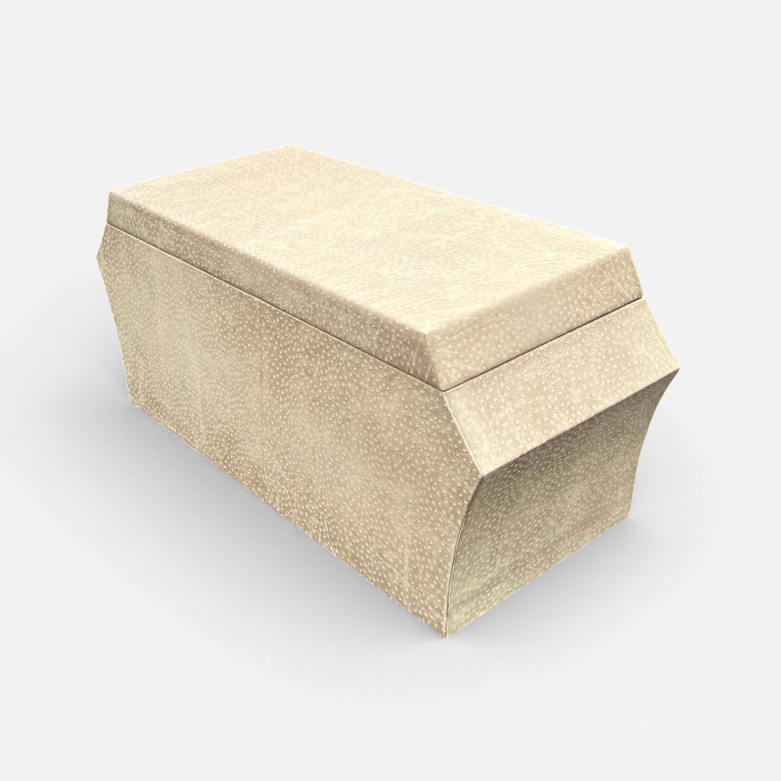 Ostrich Leather Lidded Chest Wrapped Storage Trunk: Good condition with minor surface discoloration, scuffs. For shipping, we highly recommend Donald Camden at UPS Store 4608. Alternatively, reach out to one of our preferred shippers listed at the link