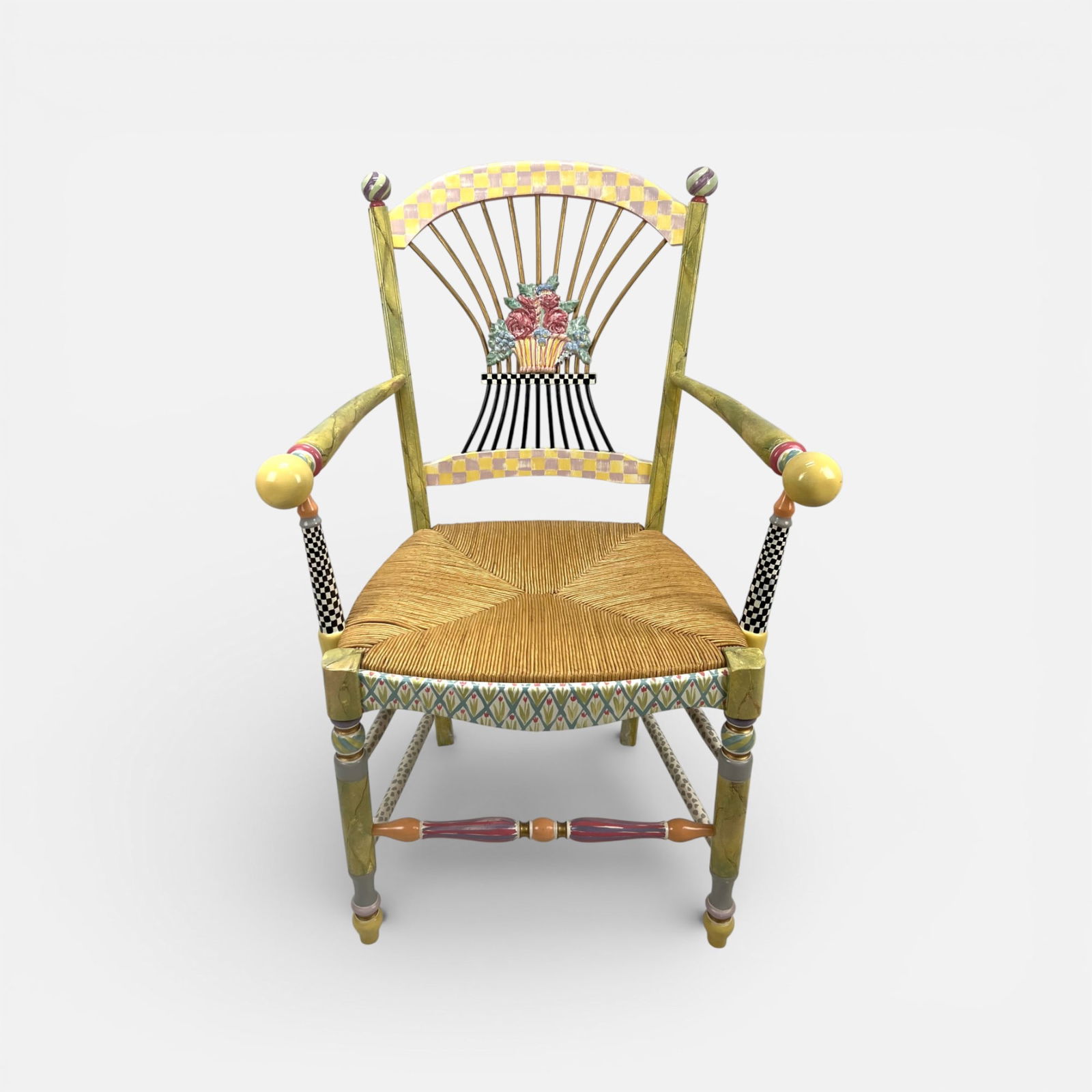 MacKenzie Childs Light Flower Basket Carved & Painted Wood Armchair (1 of 8)