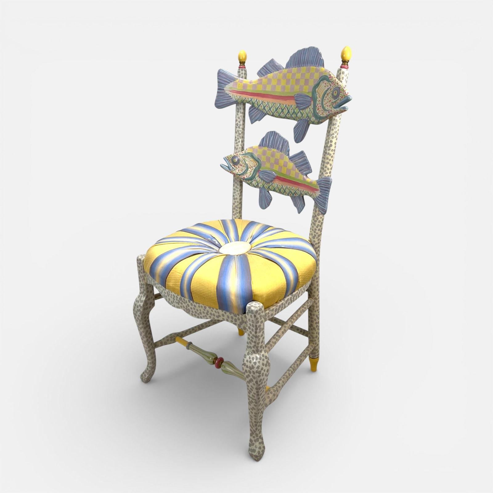 MacKenzie Childs Freckle Fish Accent Chair Carved & Painted Wood: Very good with minor scuffs consistent with light use.For shipping, we highly recommend Donald Camden at UPS Store 4608. Alternatively, reach out to one of our preferred shippers listed at the link be