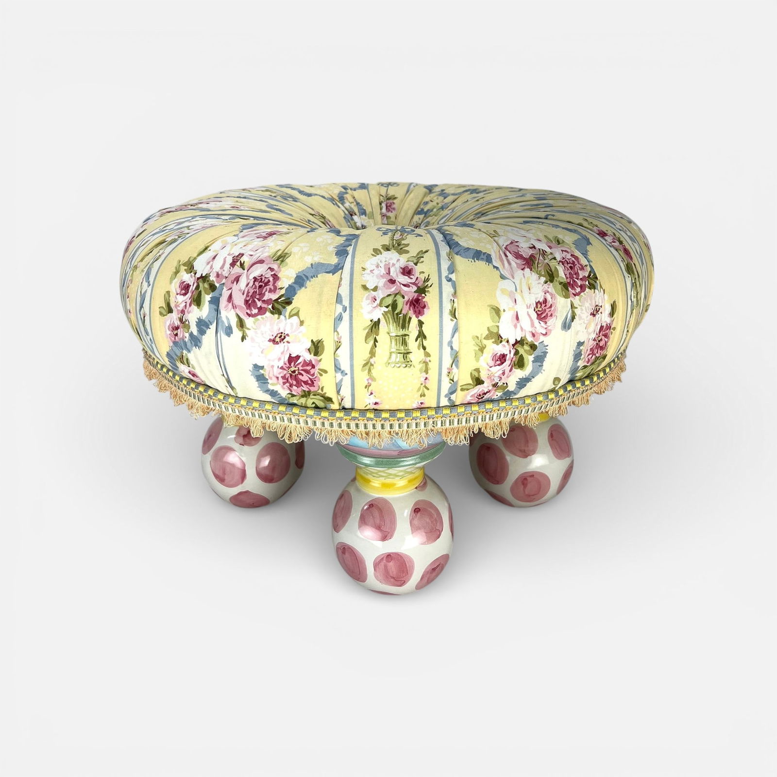 MacKenzie Childs Floral Upholstered Tuffet Ottoman Footstool w/Ceramic Ball Feet (1 of 7)