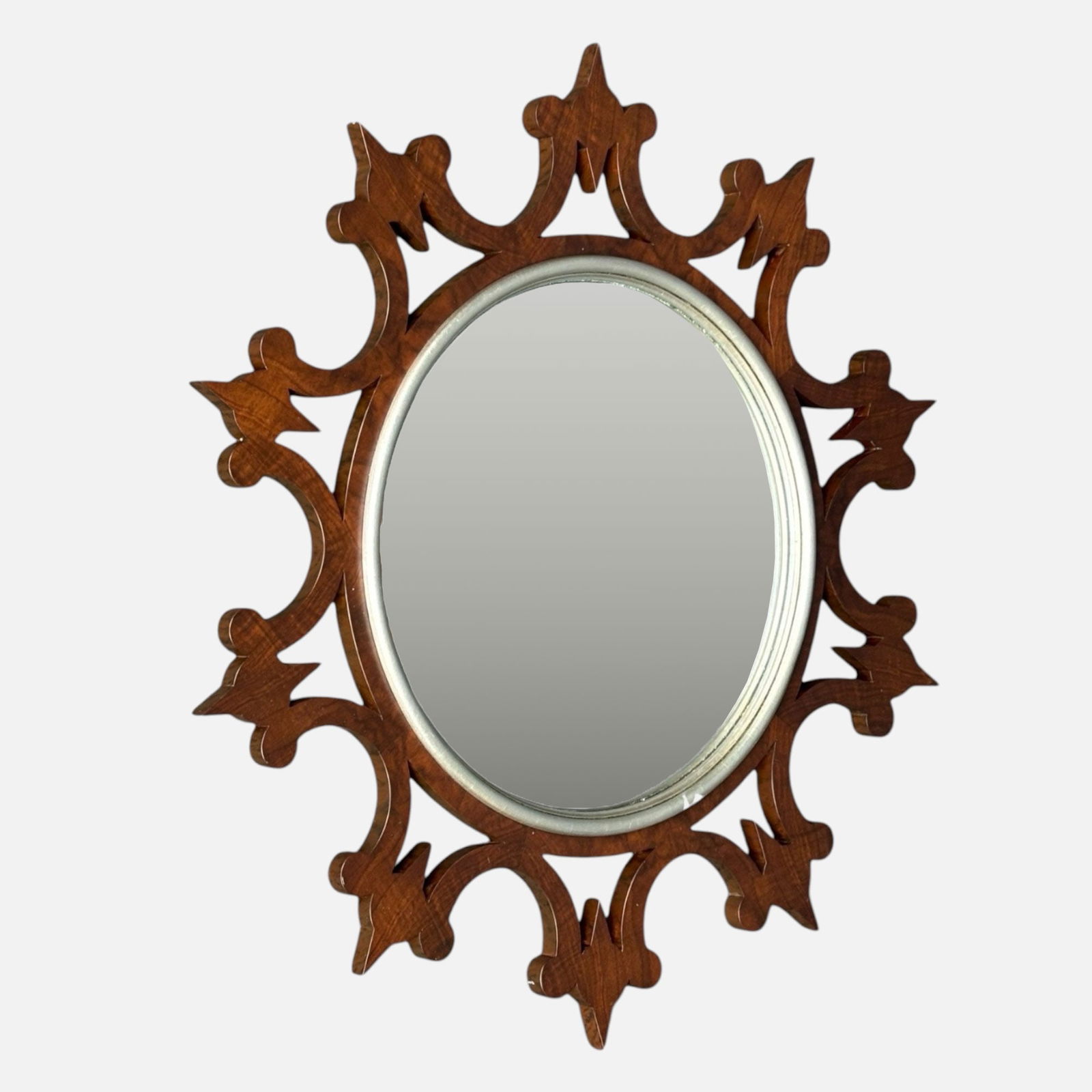 Keith Fritz Hollywood Regency Handmade Walnut Ball and Spike Round Mirror: The first picture gives the impression this is an oval mirror. It is not oval, it is round, as shown in later images. Good condition as shown with some minor surface scuffs.For shipping, we highly rec