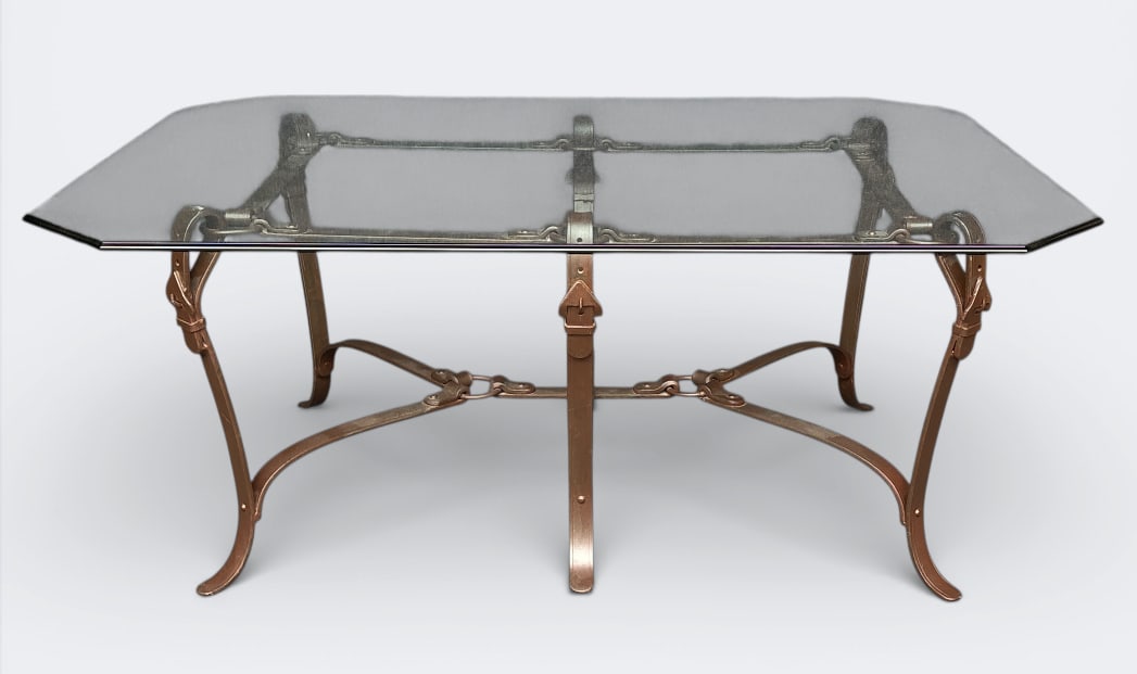Gucci Style Industrial Wrought Iron Horsebit Motif Octagonal Glass Top Coffee Table: Very good condition with minor light scratching to glass surface.For shipping, we highly recommend Donald Camden at UPS Store 4608. Alternatively, reach out to one of our preferred shippers listed at