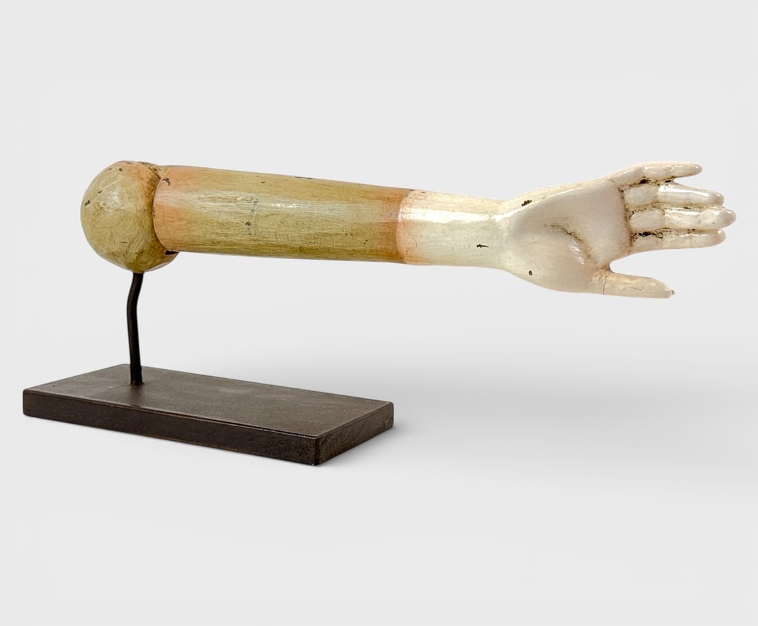 Antique Carved and Painted Wood Articulating Mannequin Arm: Repair to thumb. For shipping, we highly recommend Donald Camden at UPS Store 4608. Alternatively, reach out to one of our preferred shippers listed at the link below or elect for LiveShipping in the