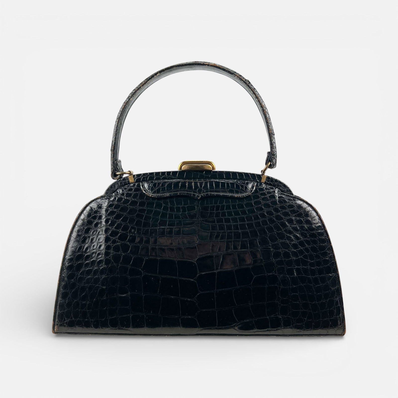 Vintage 1950s Lucille De Paris Classic Glossy Black Alligator Handbag (1 of 12)
