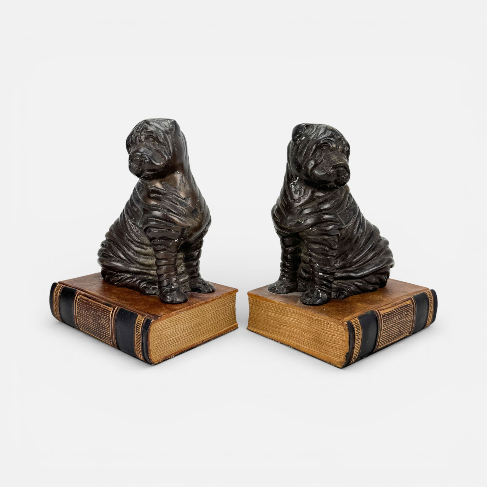 Pair Bronze Shar Pei Dogs on Faux Leather Bound Books Bookends (1 of 6)