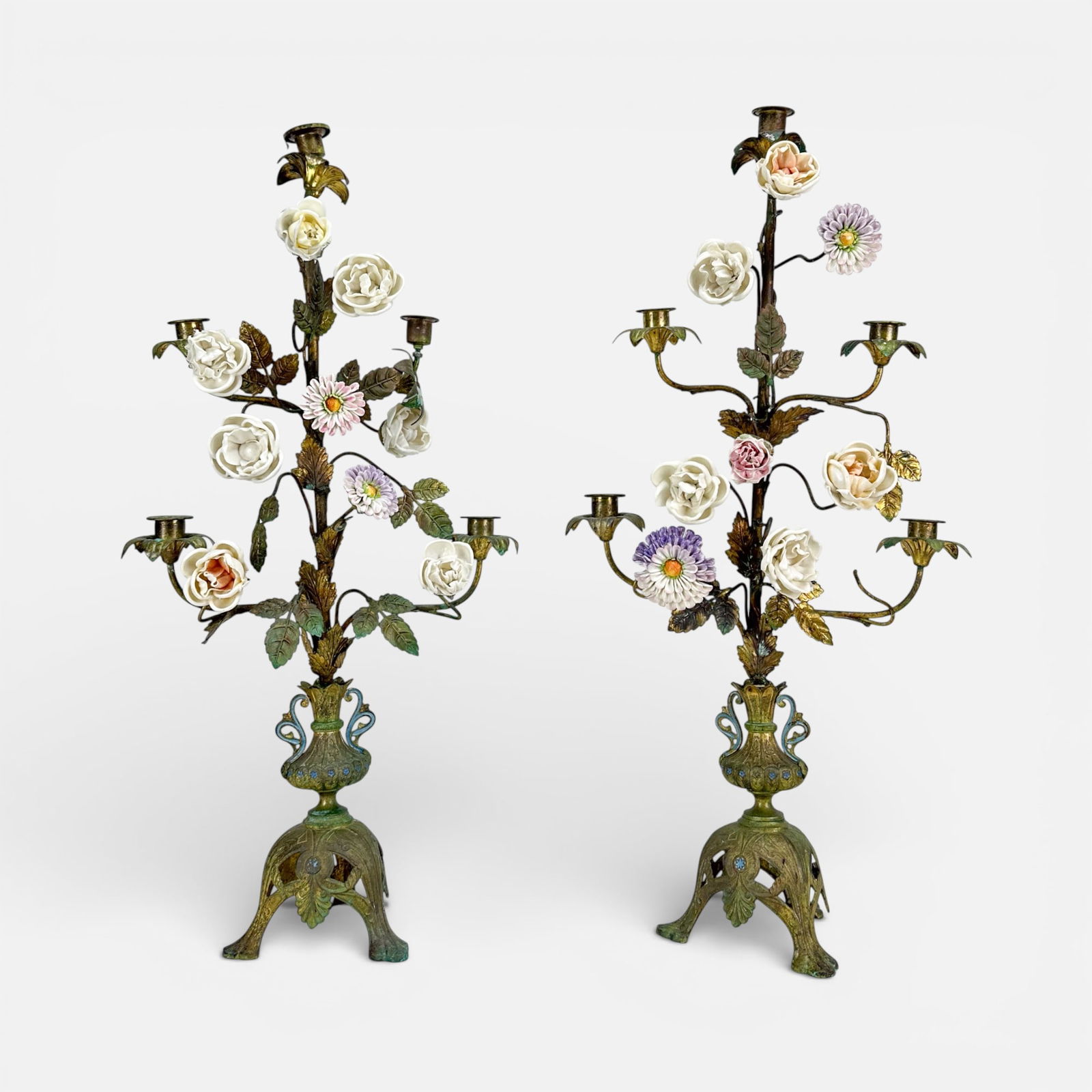 Pair Antique Garniture Painted Brass 5-Light Candle Holders w/Porcelain Flowers (1 of 8)