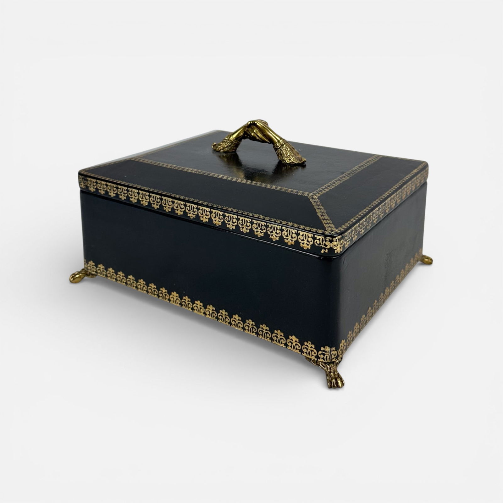 Maitland-Smith Embossed Leather Wrapped Box w/Paw & Shaking Hands Handle (1 of 8)