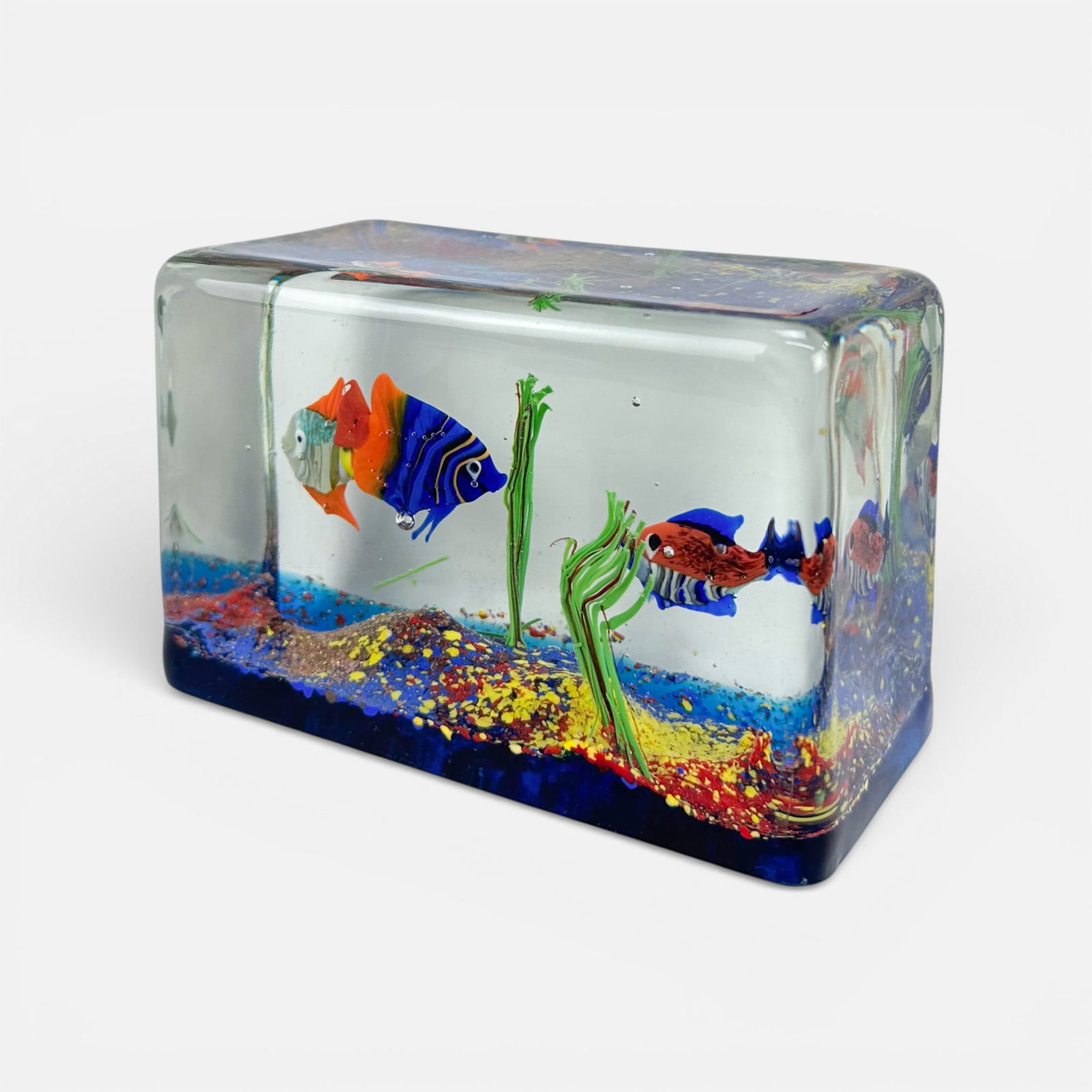 Murano Aquarium Art Glass Fish Block Italian Rectangular Paperweight Sculpture (1 of 5)